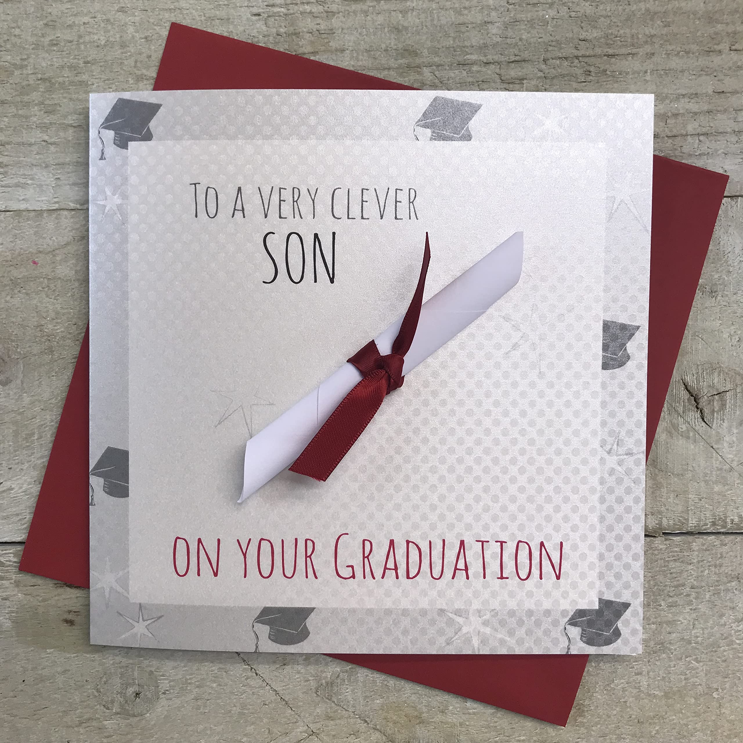 White Cotton Cards Handmade To A Very Clever Son On Your Graduation Scroll Card, New Scroll G15s