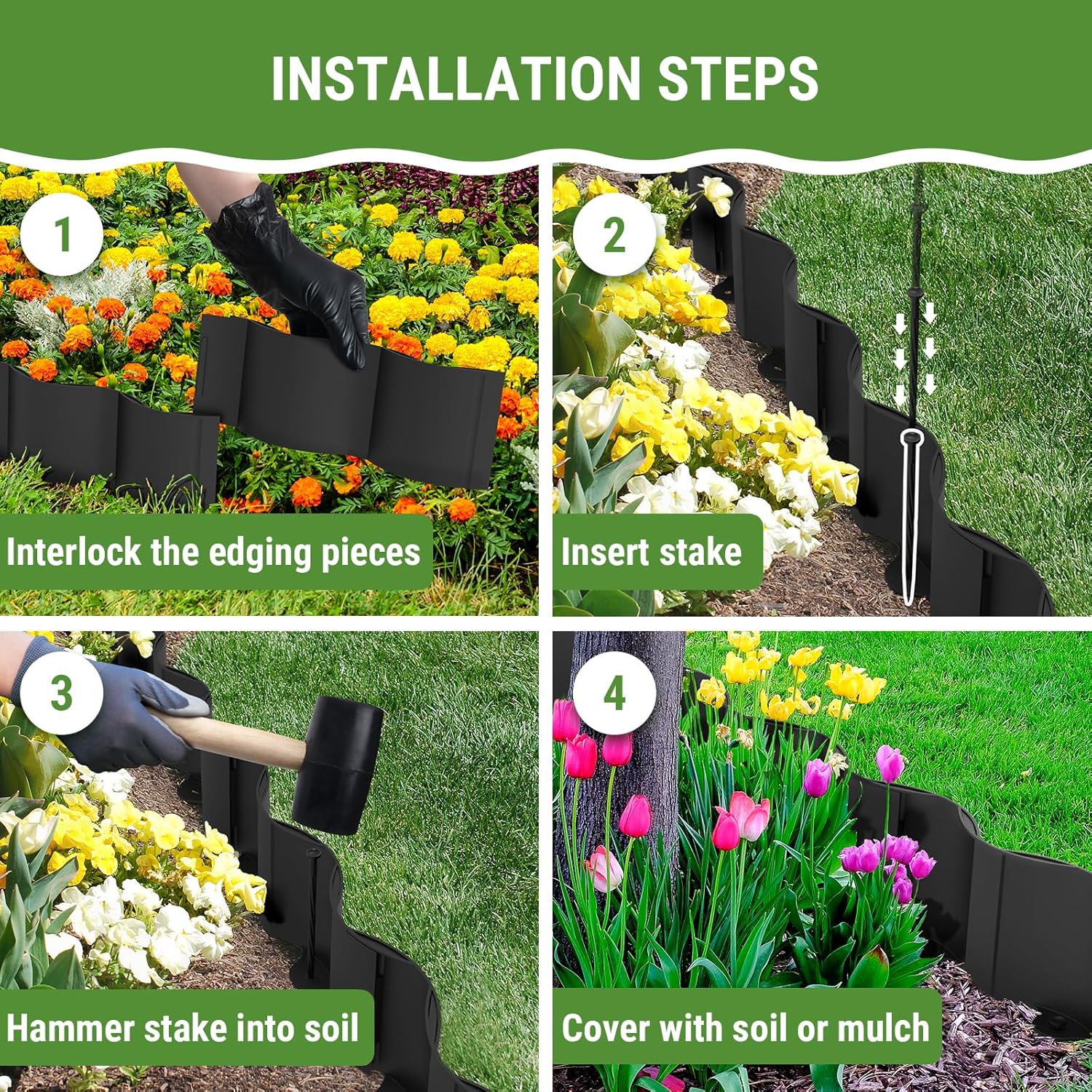 Mars Villa Wavy Landscape Edging, 6IN Tall 10FT Garden Edging Border with 16 Anchoring Stakes, No Dig Decorative Plastic Interlocking Tile Edging for Lawn, Flower Bed, Sidewalk, Yard (Black, 8PCS)