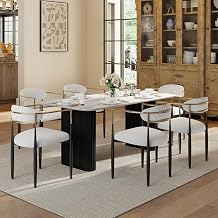 Baysitone 70 Inch Modern White Faux Marble Dining Table Set for 6, Rectangular Fluted Black Base Dinner Table with 6 Boucle Dining Chairs, Gold Metal Armrest Black Leg Kitchen Furniture Set