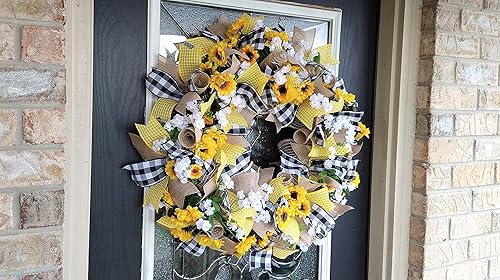 Miniatura 6 de Black & Yellow Farmhouse Sunflower Wreath, Decor, Fall, Spring, Summer, Front Door, Burlap Wedding Farmhouse Decor, French Country Decor
