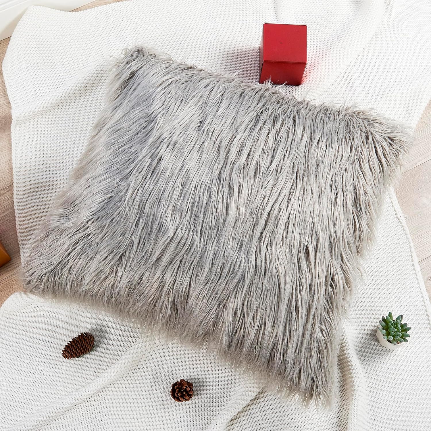Long Pile Faux Fur Euro Throw Pillow Covers(No Insert), 26 x 26 Inches Set of 2, Mongolian Fur Furry Fuzzy Soft Luxury Cushion Cover Shaggy Plush Pillowcase for Couch Bed Car, Gray