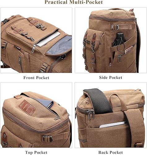 Miniatura 5 de WITZMAN Mochila de viaje para hombres y mujeres, mochila de lona para llevar en el equipaje, mochila convertible grande, Marrón, Mochilas de viaje