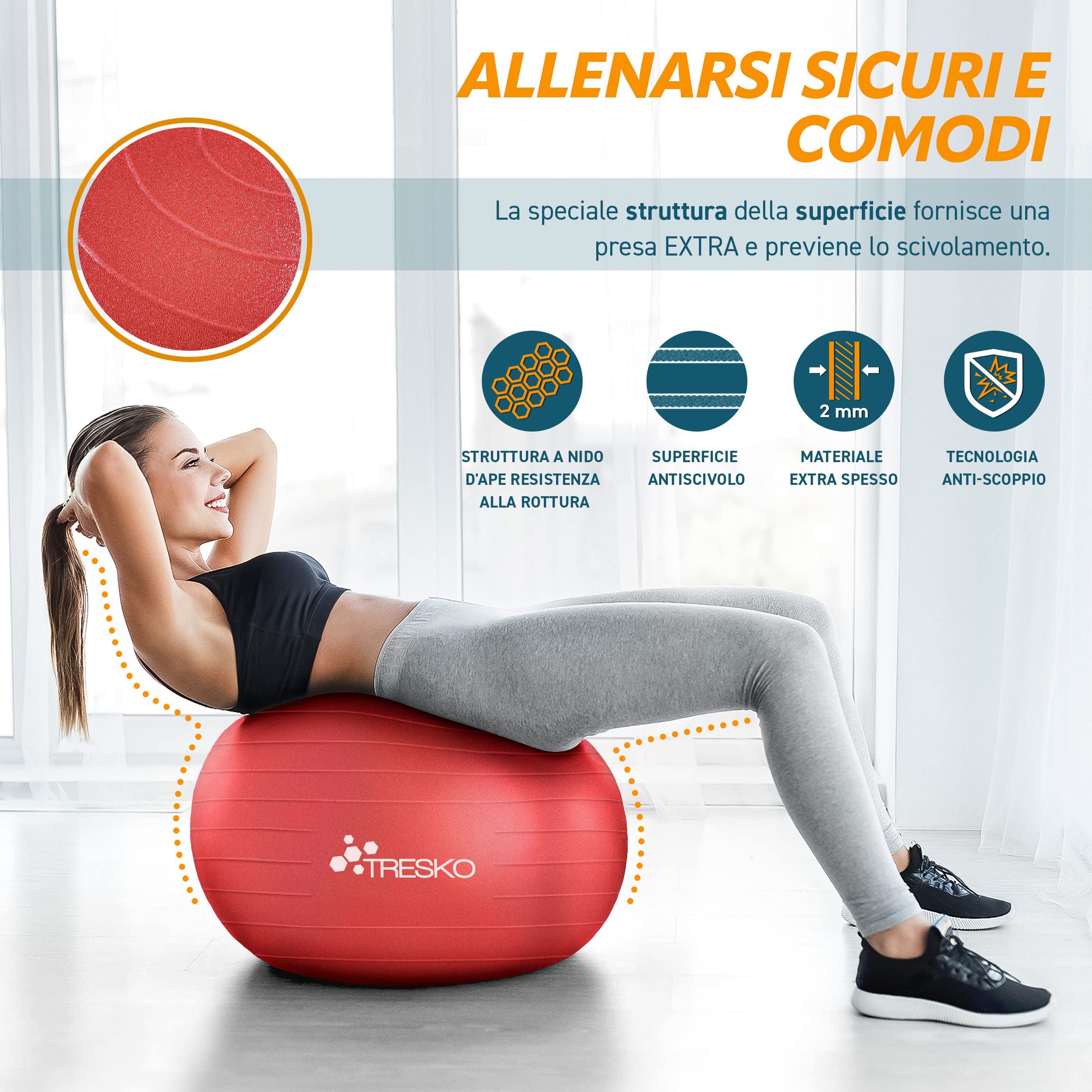 TRESKO Palla Fitness, Palla Pilates Anti-Scoppio 55cm/65cm/75cm/85cm Palla da Ginnastica con Pompa Rapida per Fitness Yoga e Pilates