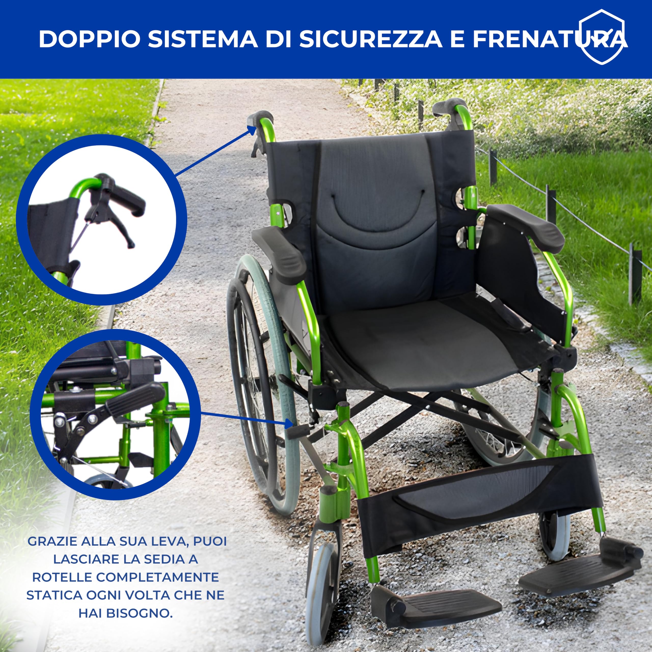Mobiclinic®, Sedia a rotelle pieghevole, Bolonia, Alluminio, Braccioli pieghevoli, Poggiapiedi rimovibili, Schienale diviso, Per anziani, Leggera, Max. 110 kg, Seduta 46 cm, Colore verde