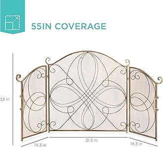 Best Choice Products 3-Panel 55x33in Solid Wrought Iron See-Through Metal Fireplace Screen, Spark Guard Safety Protector w/Decorative Scroll - Gold