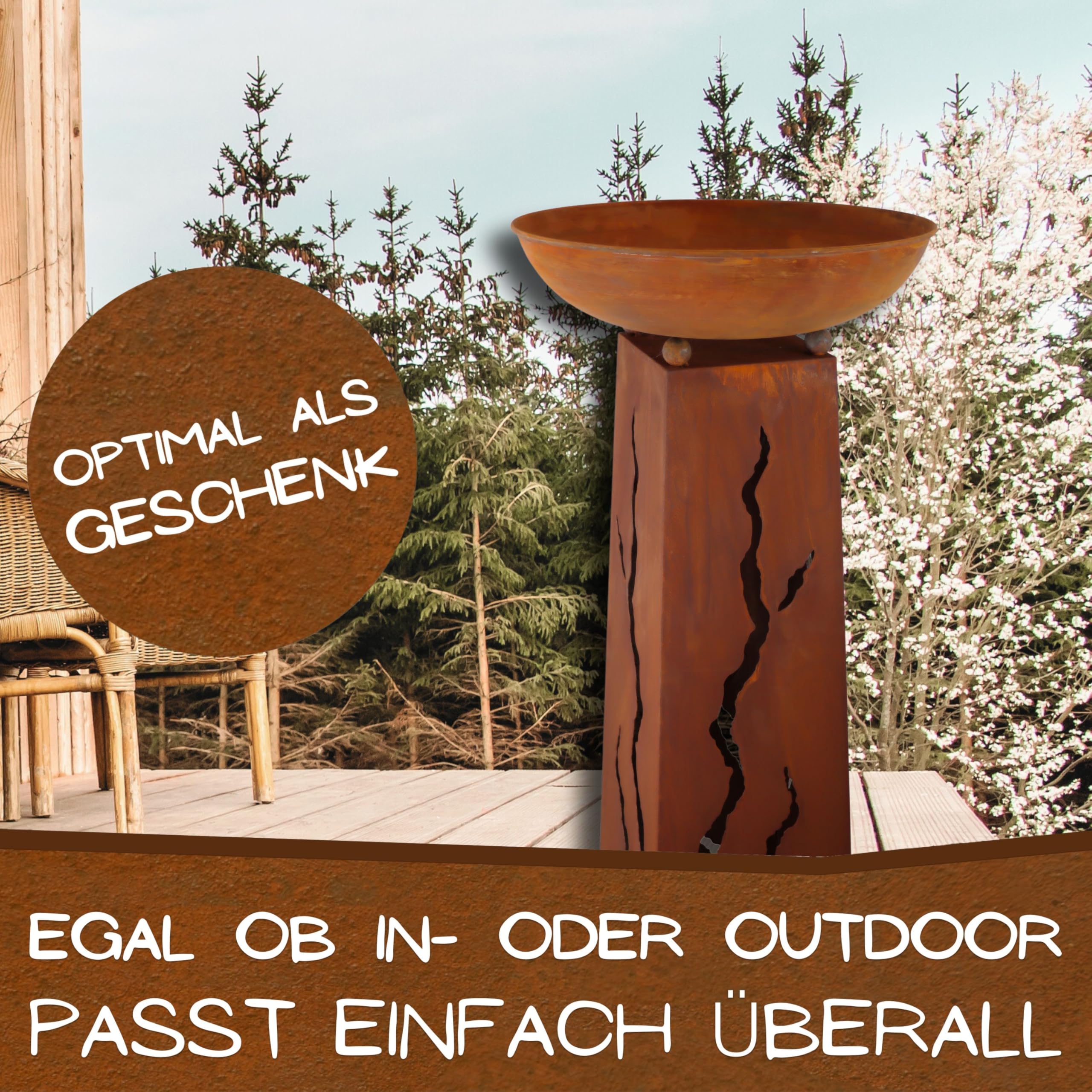 Rostikal Edelrost Säule Flamme 1 m, Pflanzsäule mit Schale, Gartendeko Rost, Blumensäule Outdoor Vintage, Rostsäule für Garten und Terrasse, Handmade