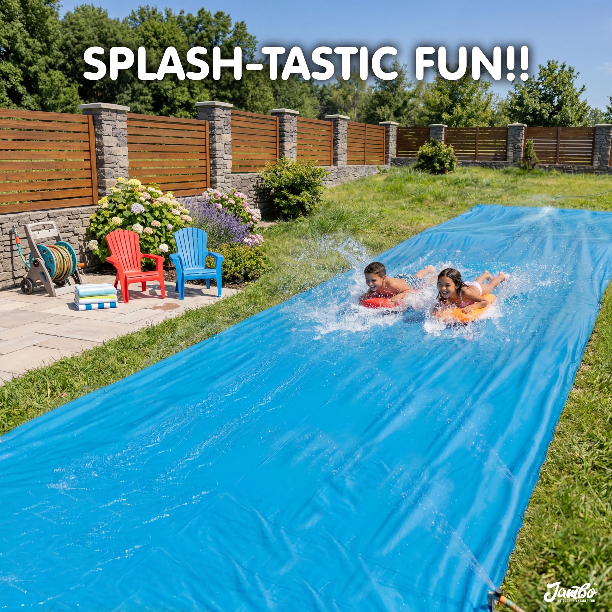 JAMBO XXL Mega-Wasserrutsche und 2 Bodyboard-Update-Modelle, extra lang, extra breit, Spritzschutz und Rutsche für Kinder, robuste Wasserrutsche für Hinterhof, Rasen, Outdoor-Wasserspielzeug