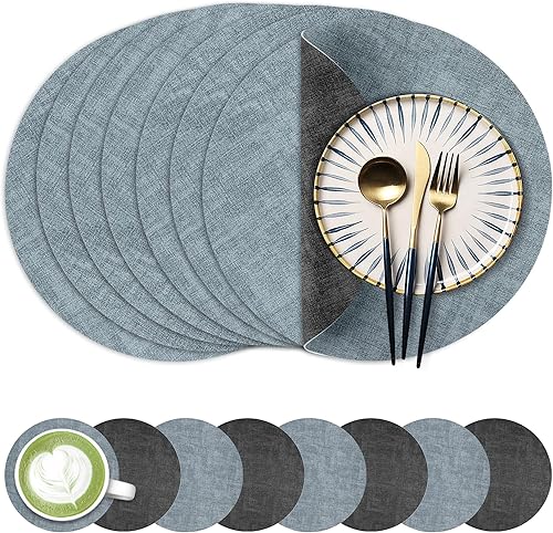 Miniatura 32 de Juego de 6 manteles individuales redondos de piel sintética de 13 pulgadas, impermeables, antideslizantes, de doble cara, resistentes al calor,