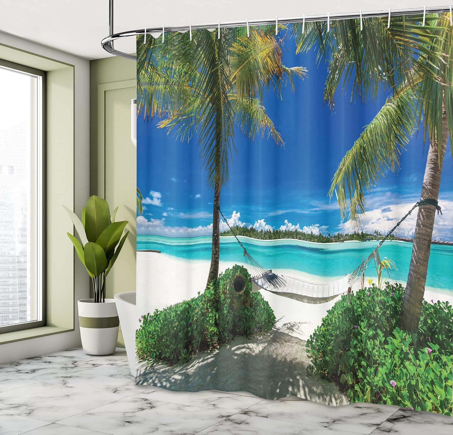 Lunarable Beach Shower Curtain, Hammock and Palm Trees at a Tropical Beach Scenic Coastline Sunny Summer, Cloth Fabric Bathroom Decor Set with Hooks, 105" Extra Wide, Green Turquoise