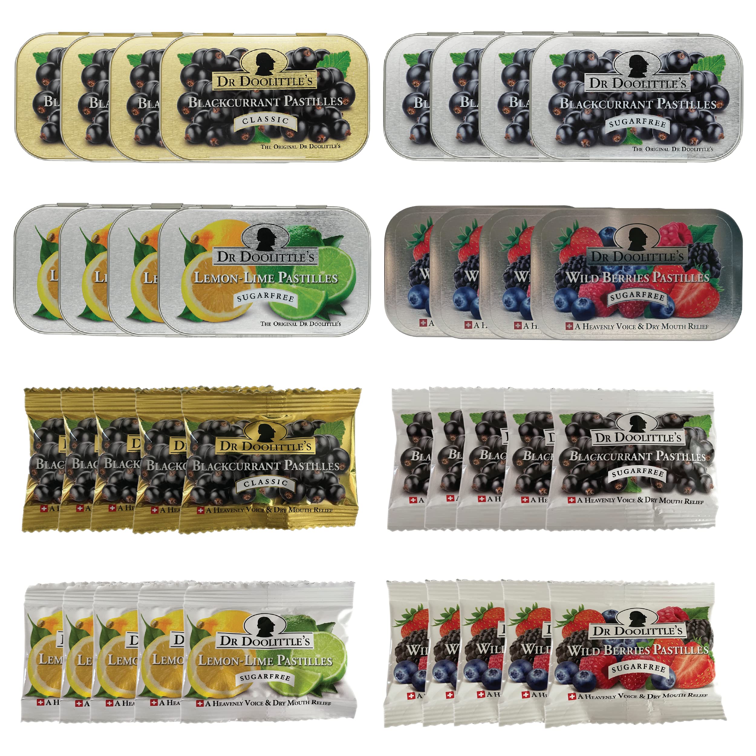 Dr. Doolittle’s Soft Fruit Pastilles Classic and Sugar Free Variety Pack for Voice and Throat, Blackcurrant, Lemon Lime, Wild Berries, 2.12 Ounce Tin, 16 Pack and .33 Ounce Travel Size Bag, 20 Pack