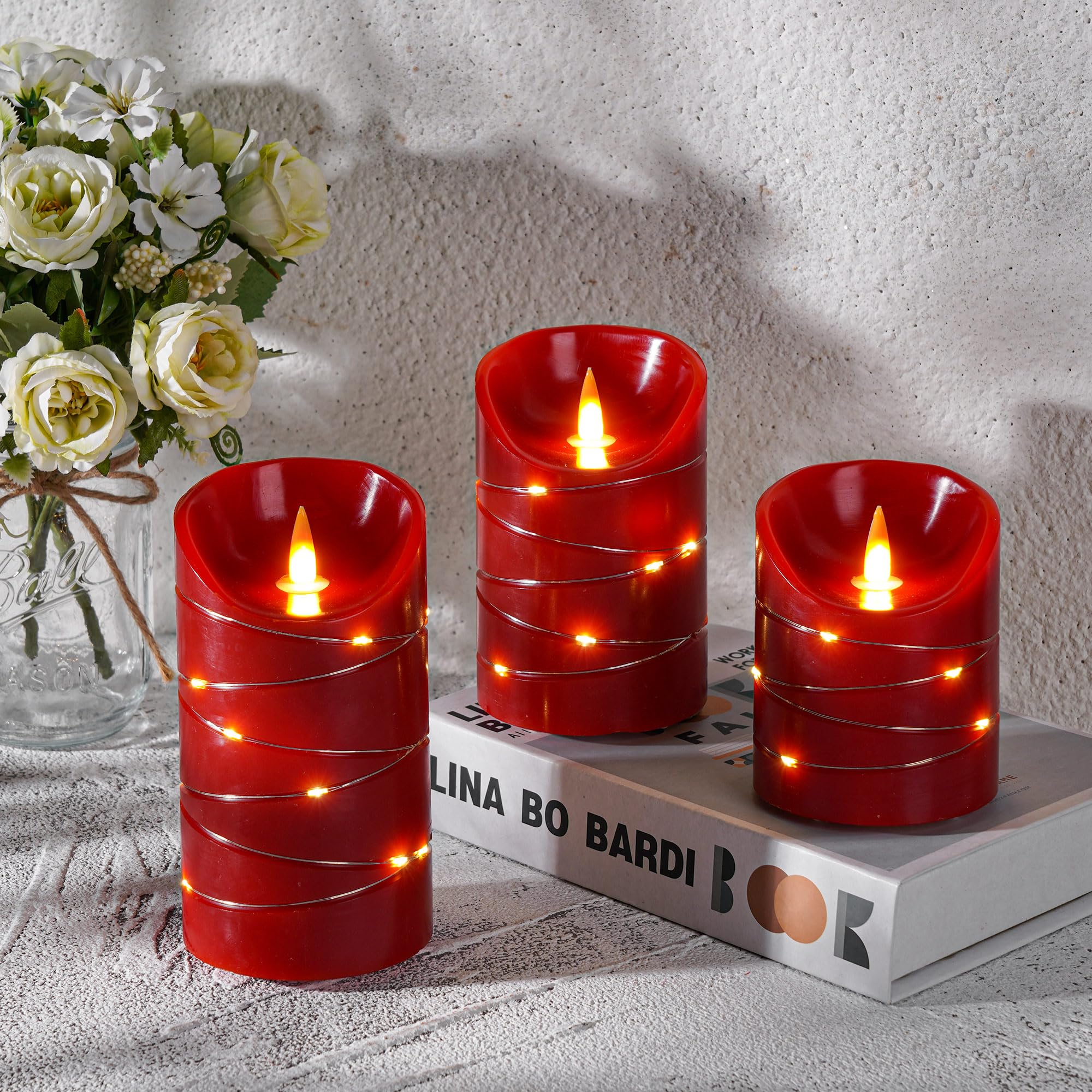 Candele LED senza fiamma, ricaricabile, senza fiamma, con filo a stella incorporato, set di 3 candele LED, con telecomando a 11 pulsanti, funzione timer 24 ore, fiamme danzanti, vera cera.