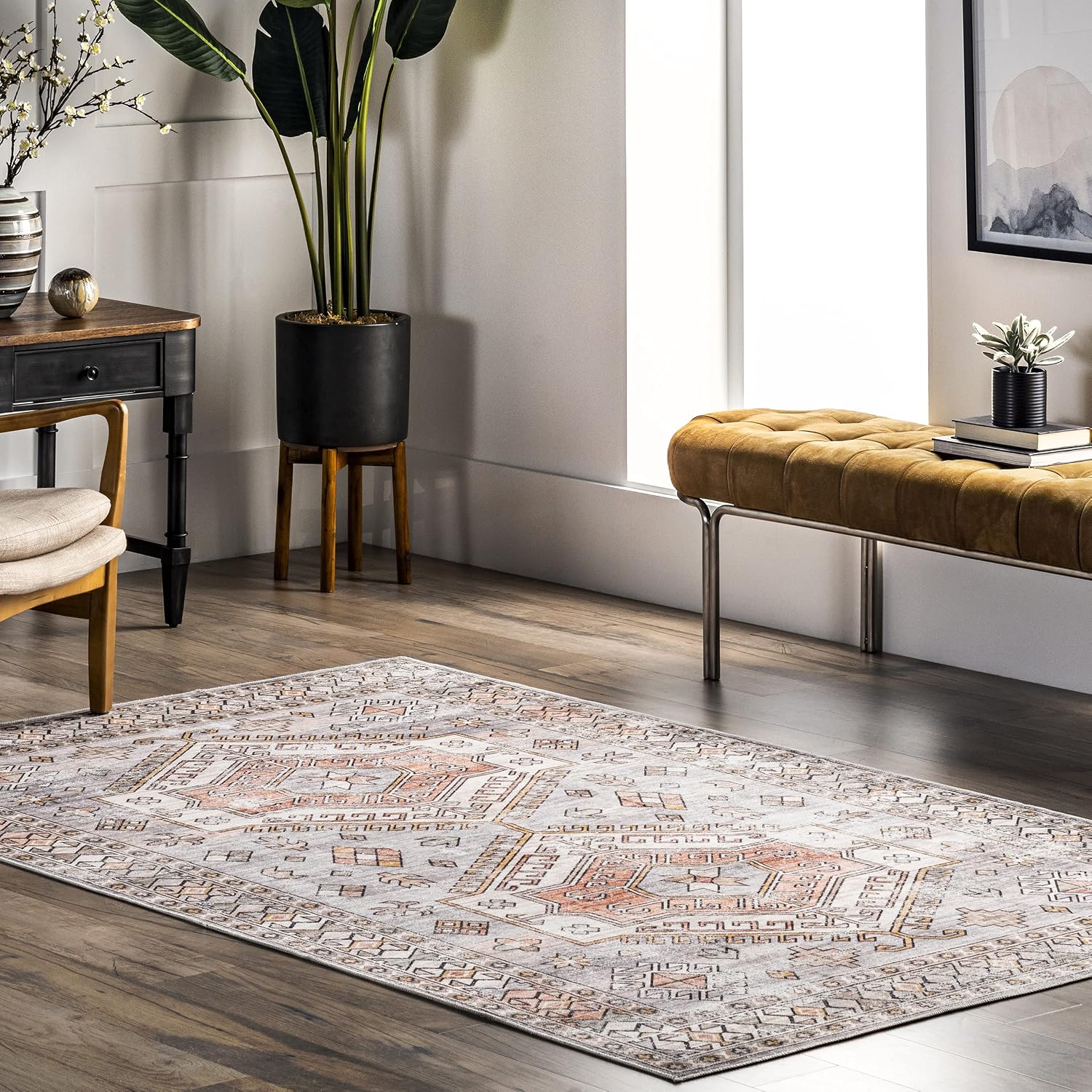 nuLOOM Mae Tribal Motif Machine Washable Area Rug, 8x10, Light Grey