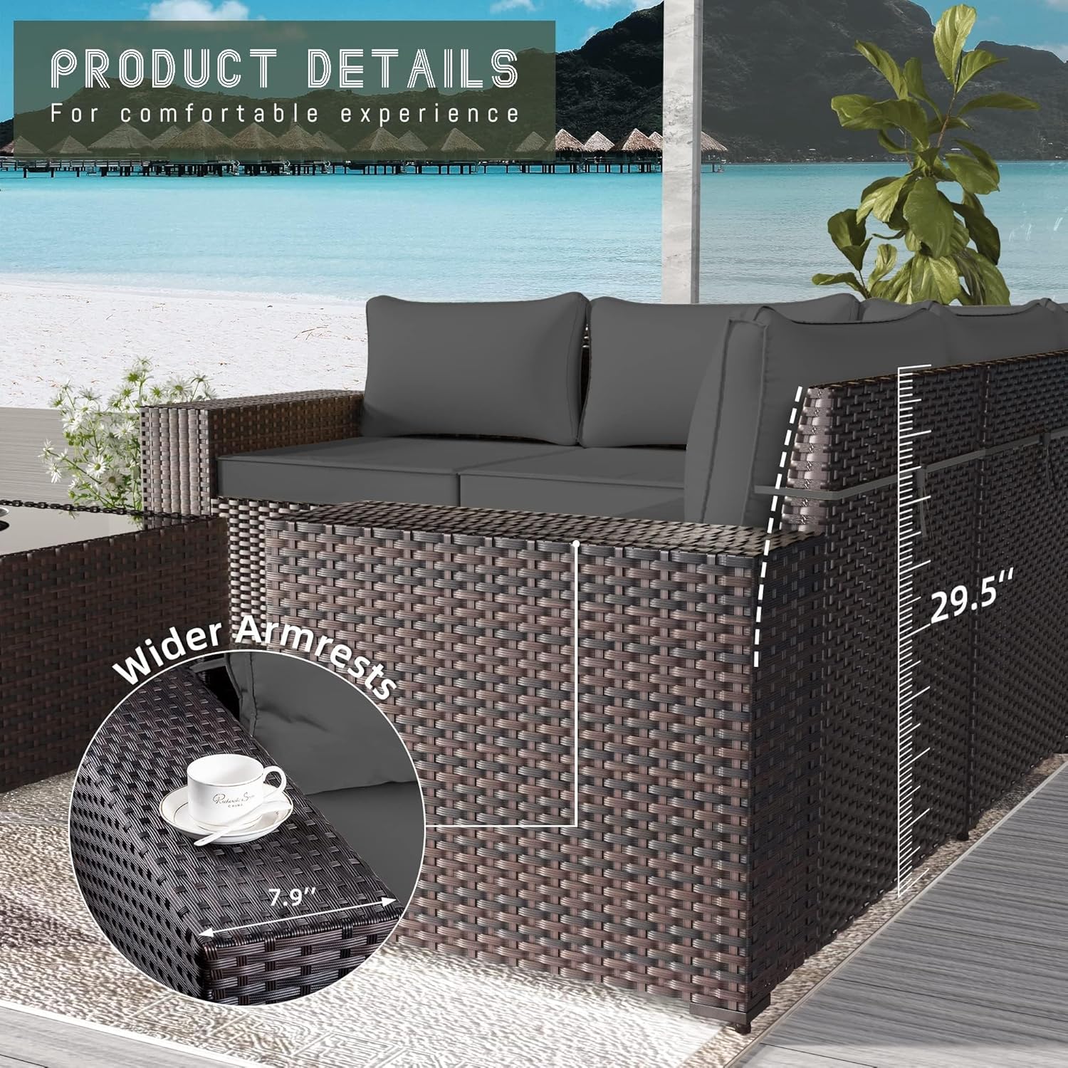 6 PCS Outdoor Patio Furniture Set All Weather PE Rattan Wicker Patio Conversation Sets with Coffee Table and 5 Thickened Cushions for Backyard Porch Balcony(Black)