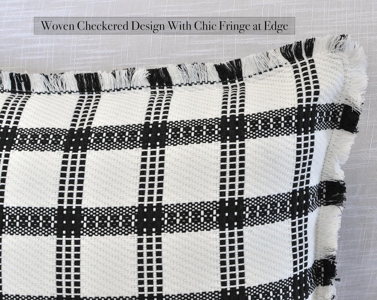 Checkered Throw Pillow Covers with Fringe Set of 2 Woven Cotton Plaid Cushion Covers With Tassels Trim Edge Square Pillow Cases Classic Scandinavian Cottagecore Checks Pattern Black and White 18x18