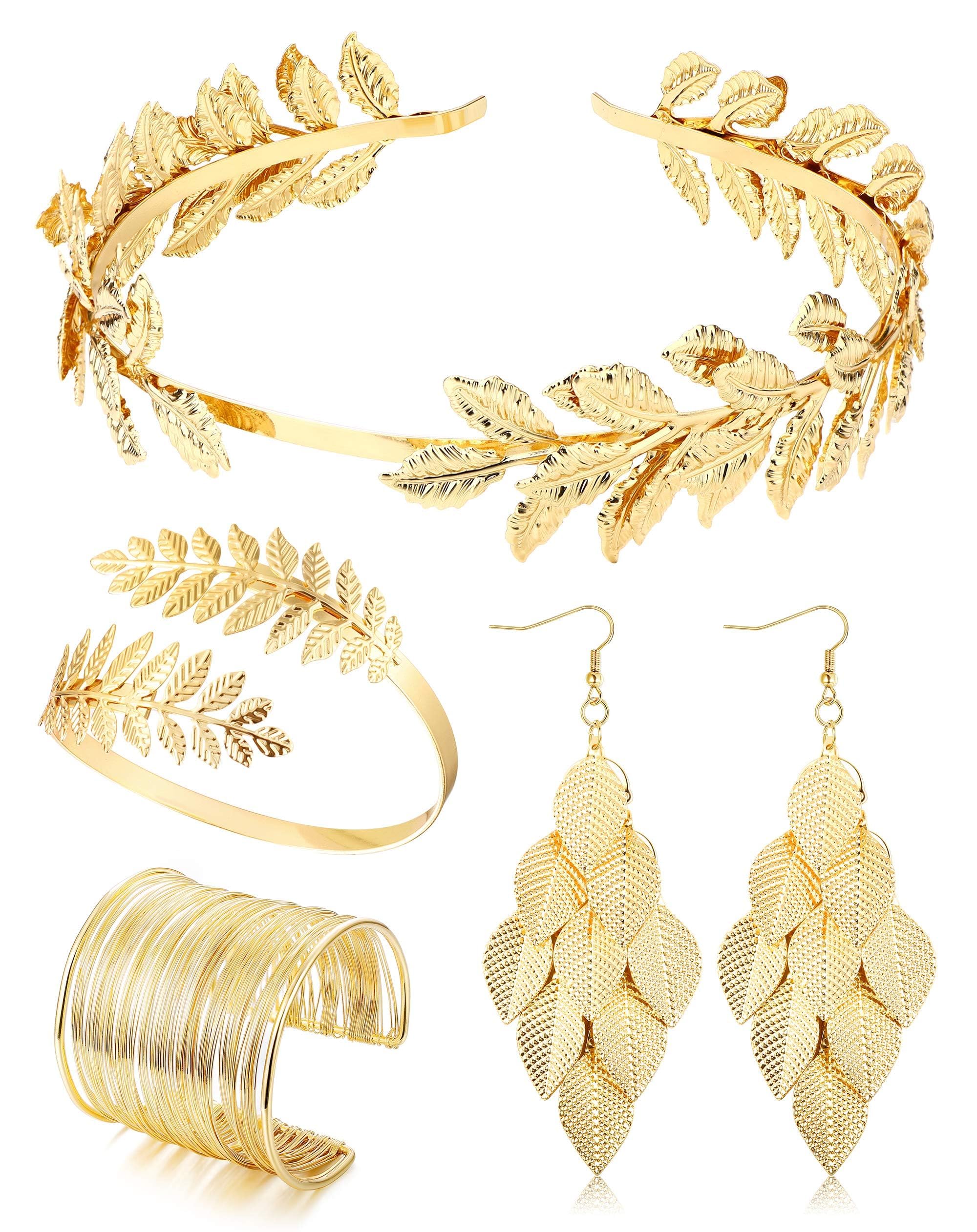CASSIECA 4/5Pcs Greek Goddess Costume Jewelry Set Gold Greek Goddess Accessories for Women Grecian Goddess Jewelry Leaf Earrings Headpiece Coil Bracelet Bridal Hair Comb Jewellery