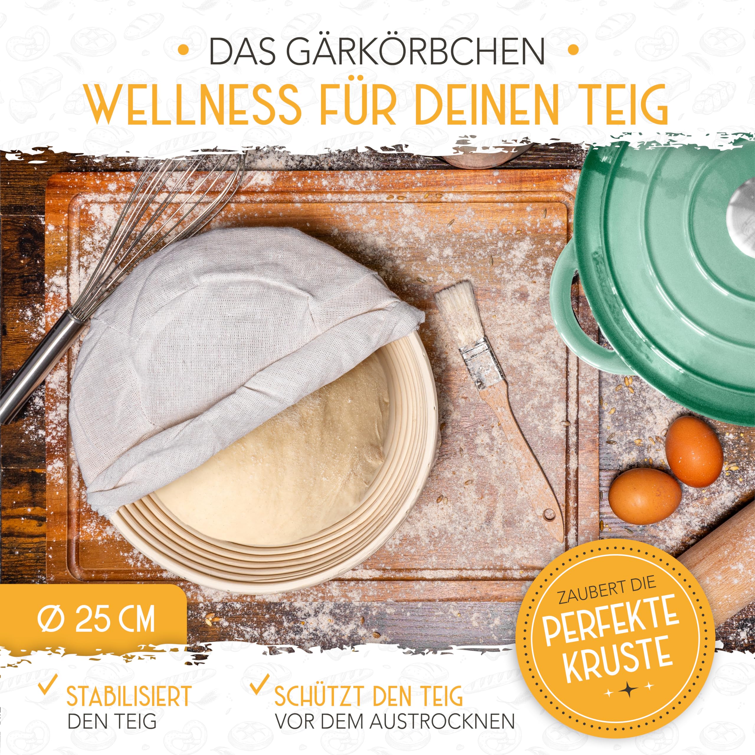 KRUSTENZAUBER Gusseisen Topf Brot backen emailliert inkl. Gärkorb - 26cm Emaille-Topf samt Zubehör - Ideal als Brotbacktopf, Brottopf, Brotbackform mit Deckel, Gusseisentopf Brotbacken, Schmortopf