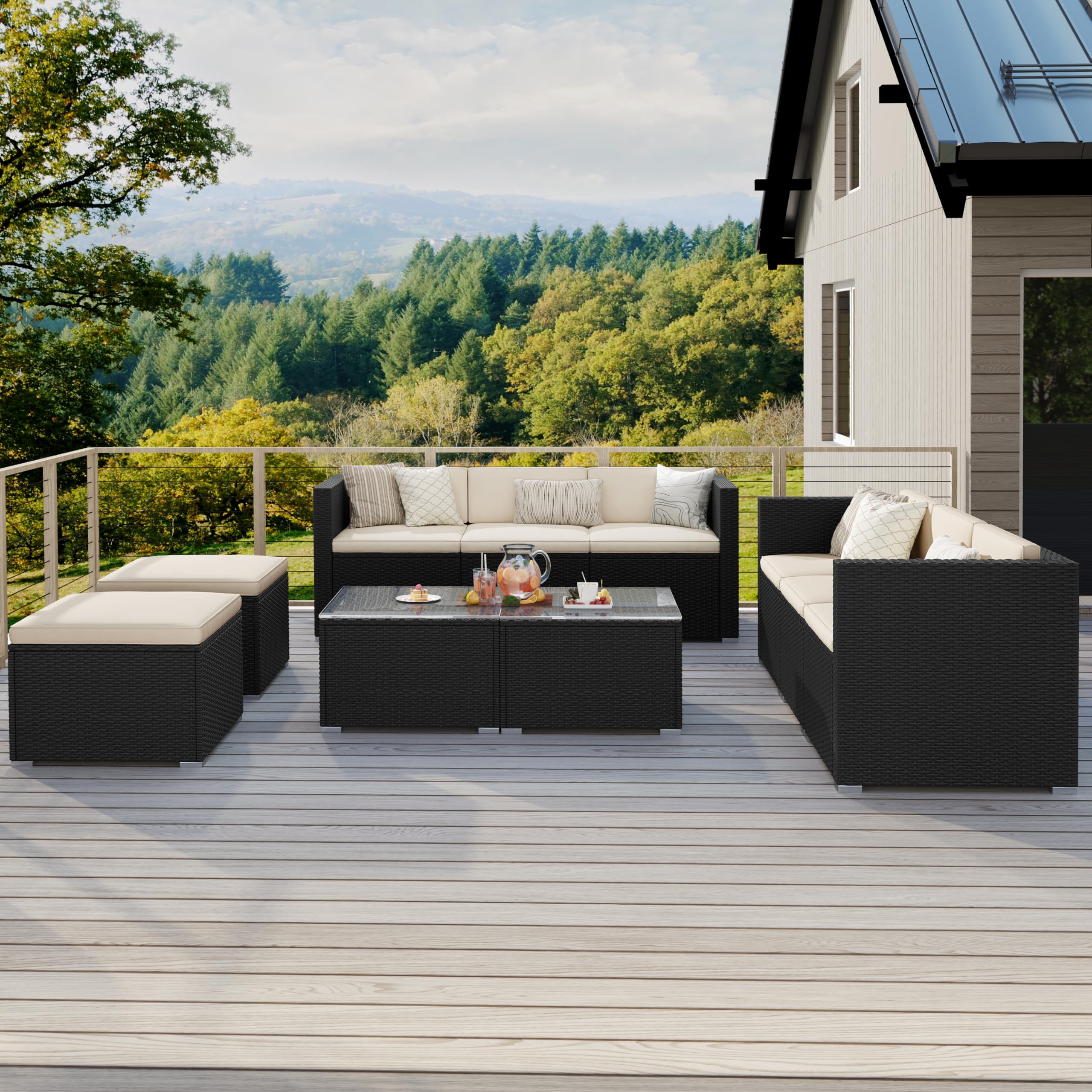 Yaheetech Conjunto de Muebles Ratán de Jardín 5 Piezas con Cojines, 3 Plazas Sofá 1 Taburete y 1 Mesa de Café de Cristal (Negro/Beige)