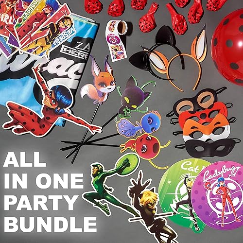 Miniatura 4 de 50 piezas de suministros para fiesta de cumpleaños, caja de fiesta temática de Zag Heroez, decoraciones de fiesta de mariquita, telón de fondo y