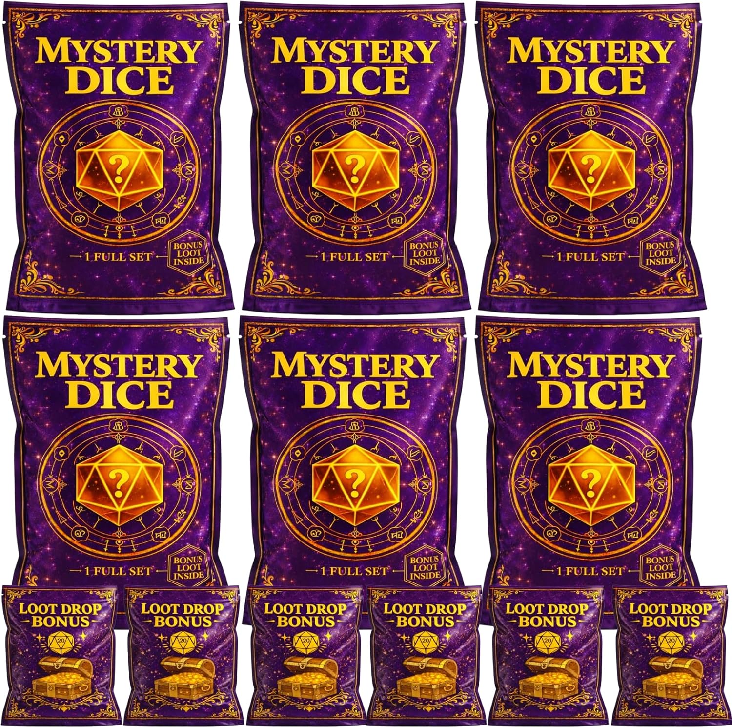 DND Mystery Dice Set, 7 Polyhedral RPG Dice + Random Loot Bag Reward, Gift for RPG Player, DM & Dice Goblin,Tabletop Games (6-Pack)
