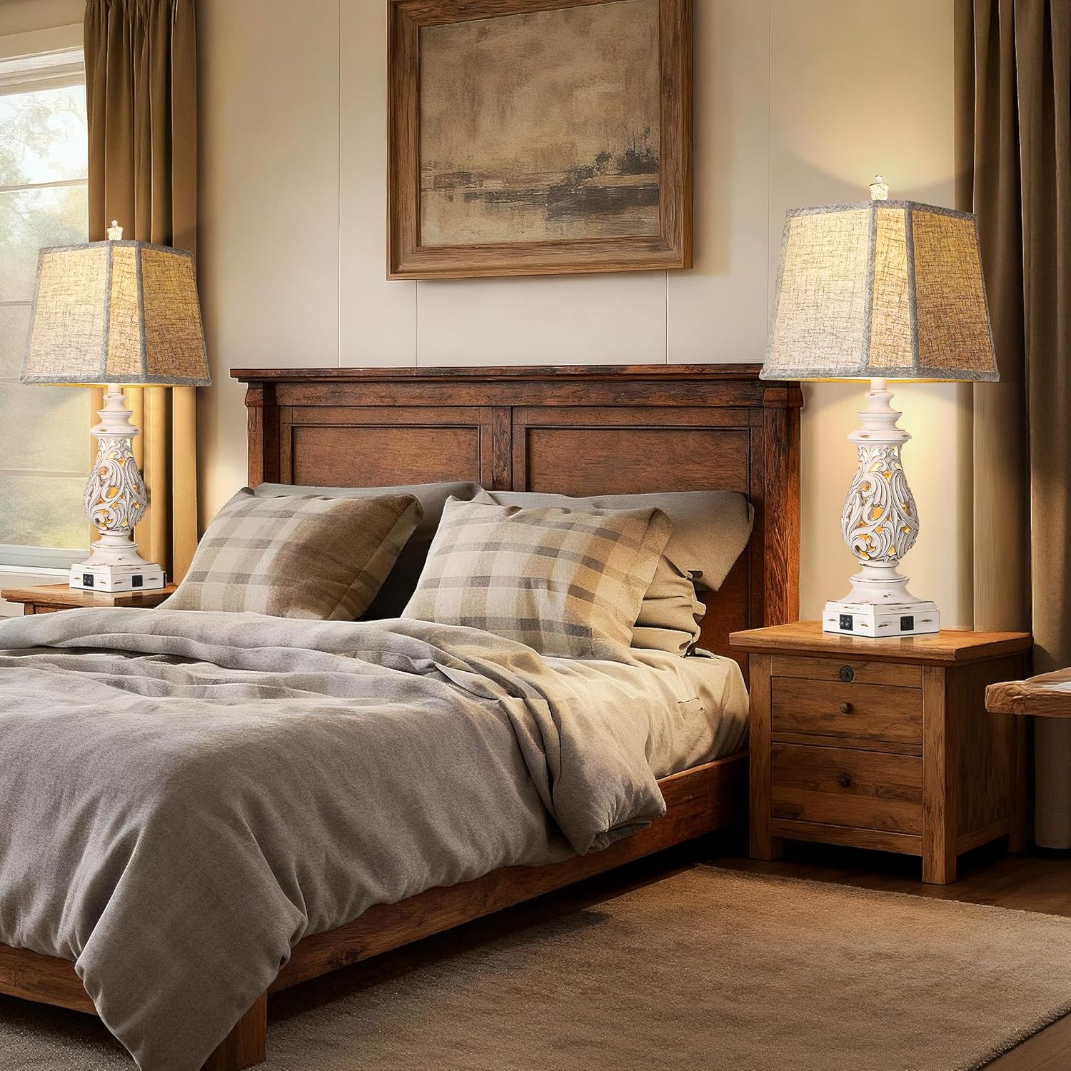 PARTPHONER 29" Table Lamps Set of 2, Bedside Lamps with USB A+C Ports & Night Light, Farmhouse Nightstand Lamps with Linen Fabric Shades for Bedroom Living Room, Antique White (LED Bulbs Included)