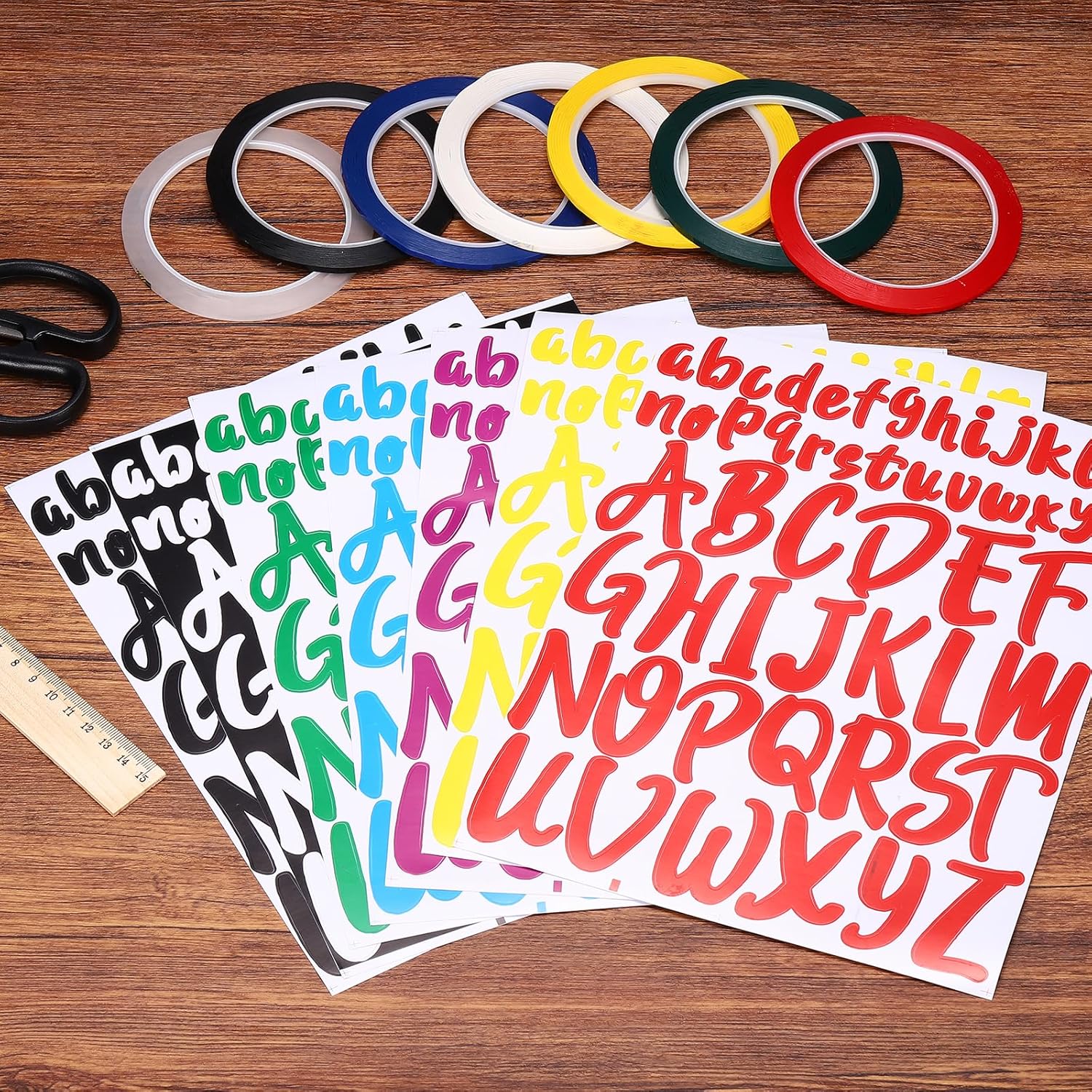 PATIKIL 312Pcs 2+1" Yellow Letter Stickers with 6 Roll 1/8" 164ft Whiteboard Tape, Self Adhesive Waterproof Alphabet Stickers Pinstripe Tape for Mailbox Scrapbook Sign, Style1, Yellow