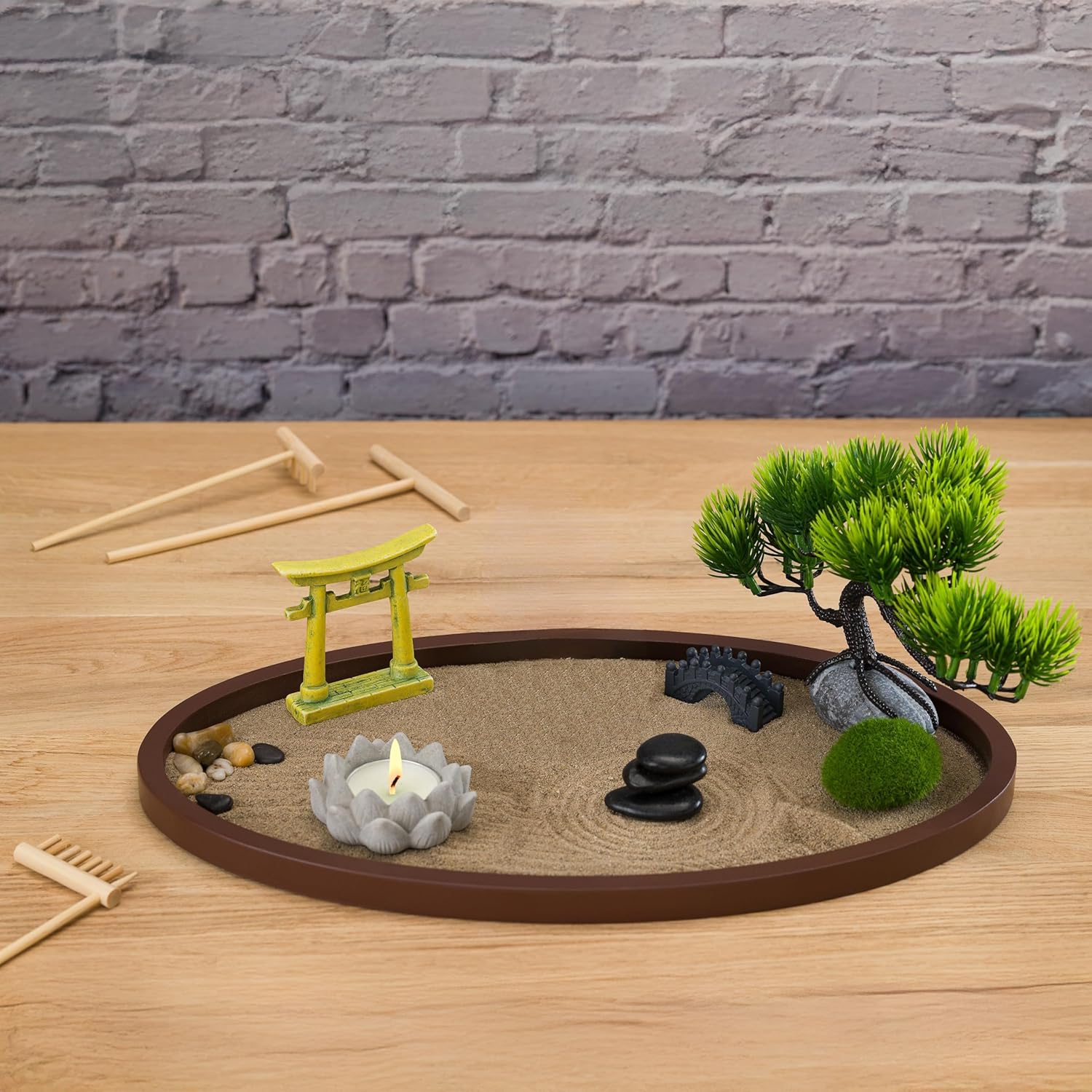 Zen Garden for Desk 13x8in – Japanese Decor with Buddha, Artificial Bonsai Tree, Tools & Accessories – Mini Zen Garden Kit for Office Desk, Home, Meditation Room, Desktop Gift Set