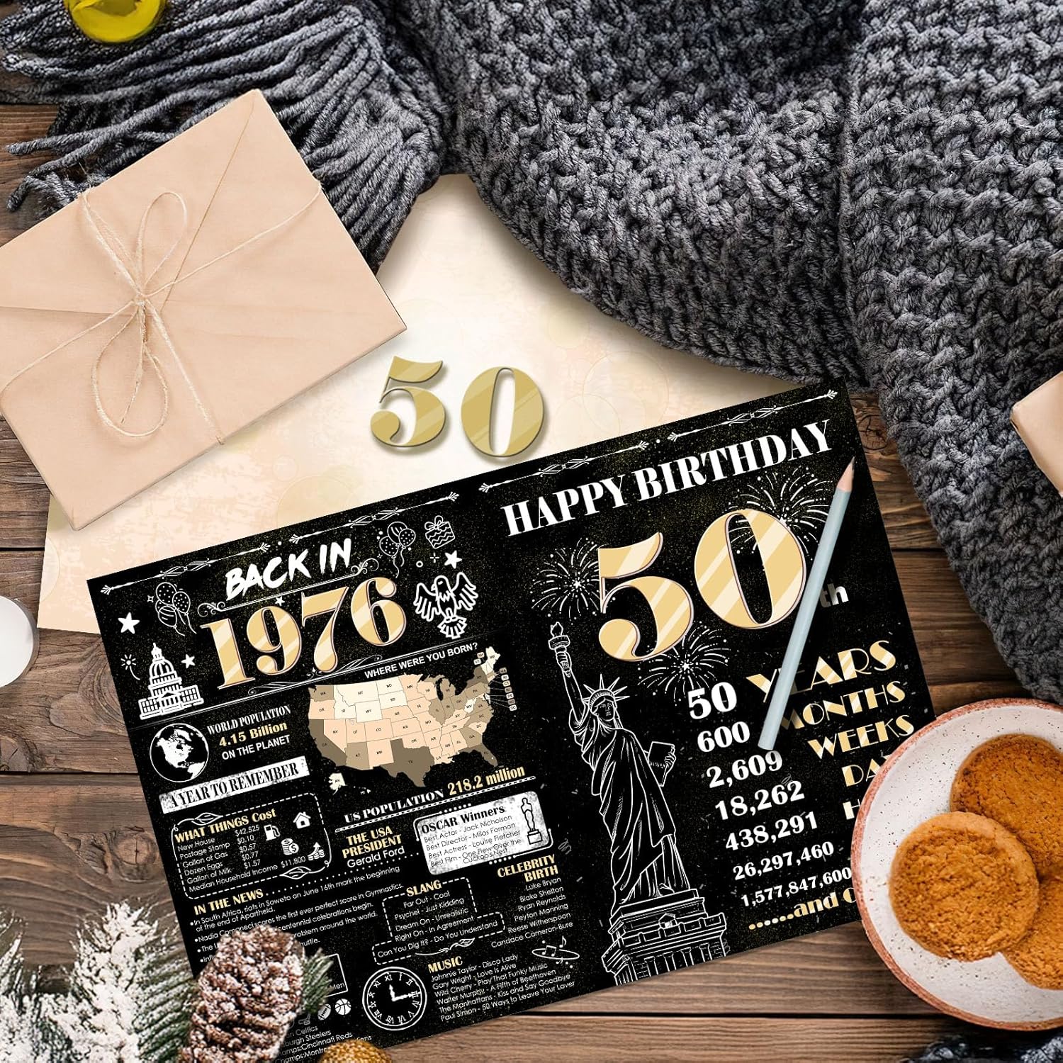 Large 50th Birthday Card With Envelope, Jumbo Happy Birthday Cards for Men Women, Black Gold Giant Guest Signature Book, Back in 1976 Big Vintage Greeting Card Decoration Bday Gift Party Supplies - Image 3