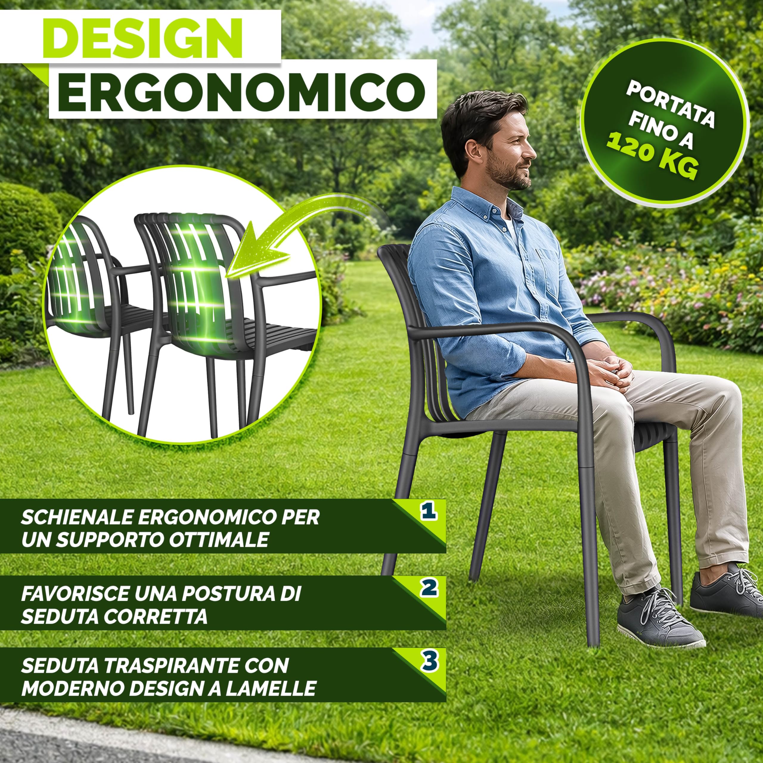 Tillvex Set di 4 Sedie da Giardino Impilabili Resistenti alle Intemperie 120 kg per Esterni Terrazzo Balcone