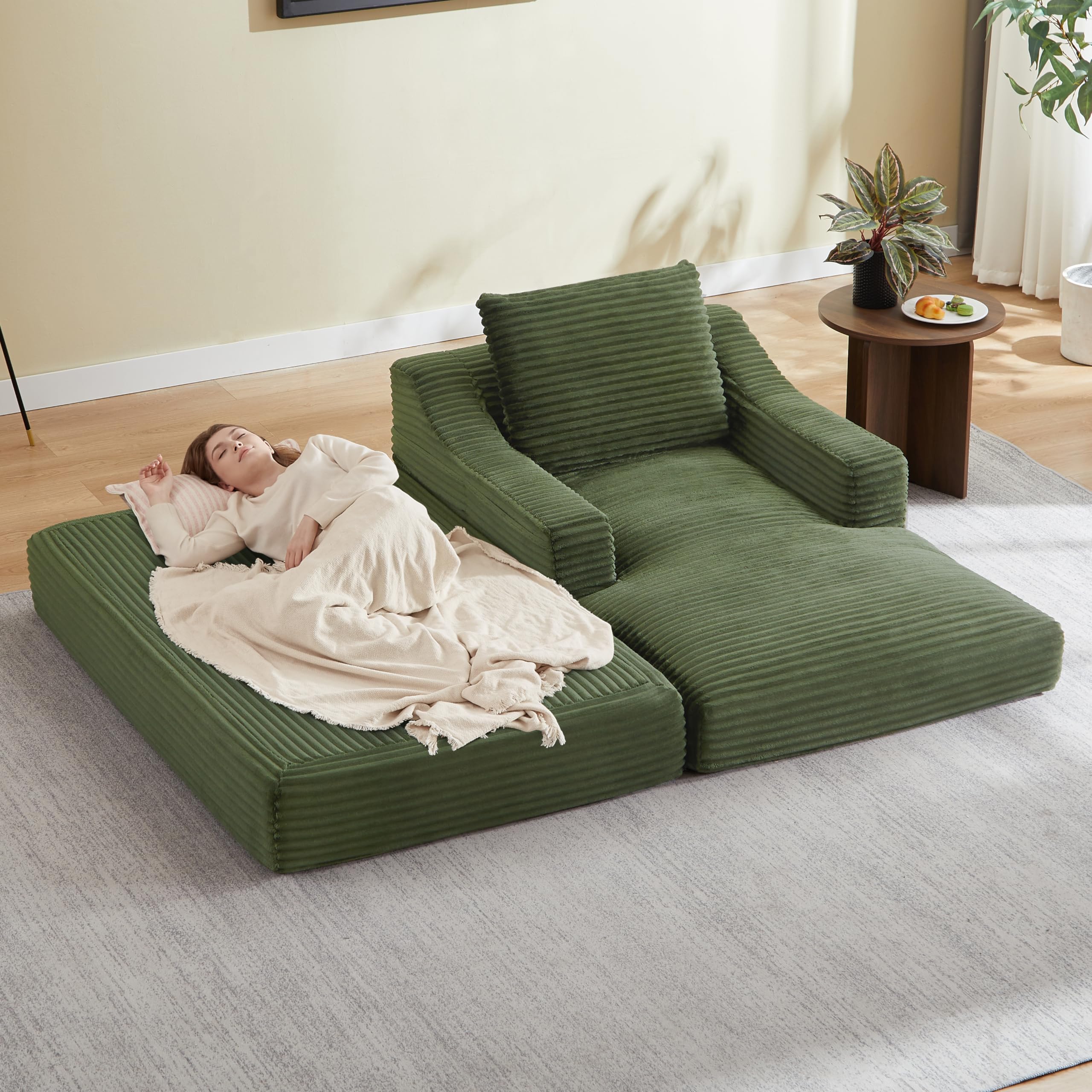 Sofá chaise longue de 160 cm, sofá de suelo sin boneless y sofá cama con función de dormir, sin montaje, diseño de doble capa, sofá reclinable suave para salón, oficina y apartamento (beige)