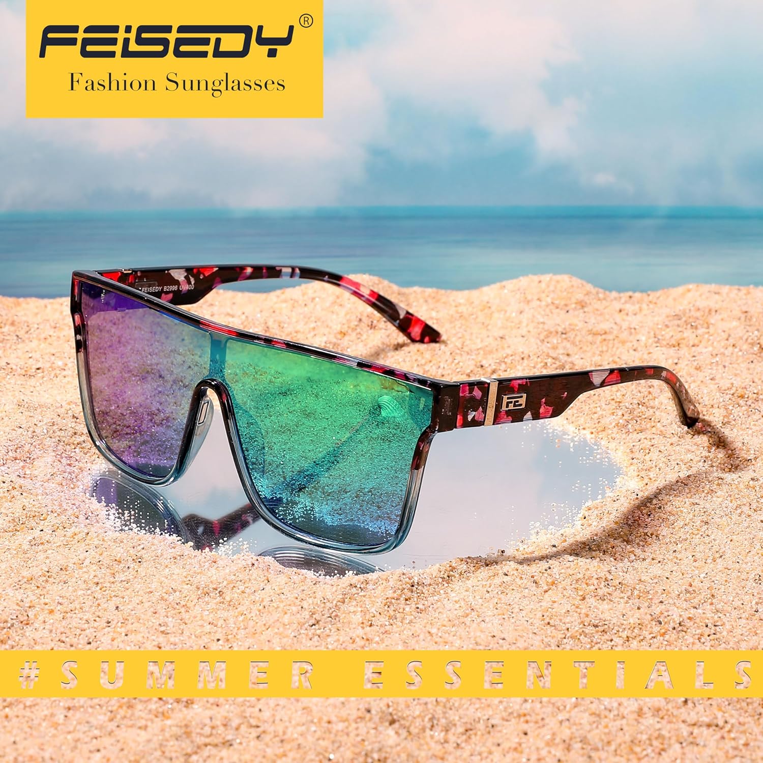 FEISEDY Sunglasses for Women Men, Fashion Mirrored Single Lens, Driving Beach Sunnies UV400 Shades B2996 - Image 5