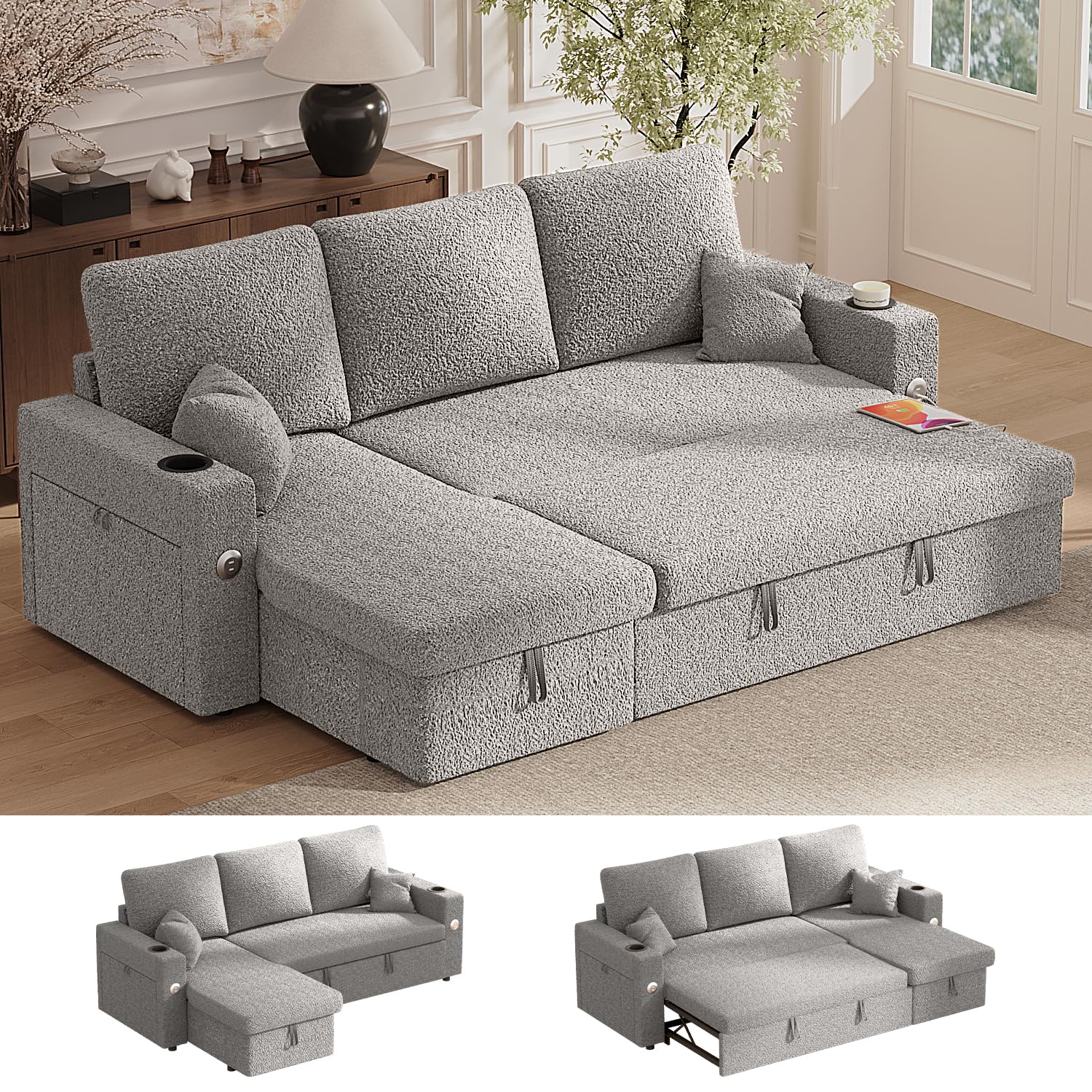 Sleeper Sofa Bed, 4-in-1 Pull Out Couch with Reversible Chaise | Dual USB & Type-C Charging | Dual Cup Holders | Layered Storage (Armrest + Chaise) for Living Room, Apartment, Home Office (Light Gray)2-boxes