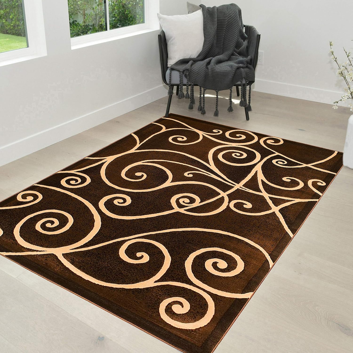 HR-Modern Contemporary Area Rugs Abstract Carpet with Wavy Swirls Shed Free Chocolate Brown/Black/Ivory/Beige