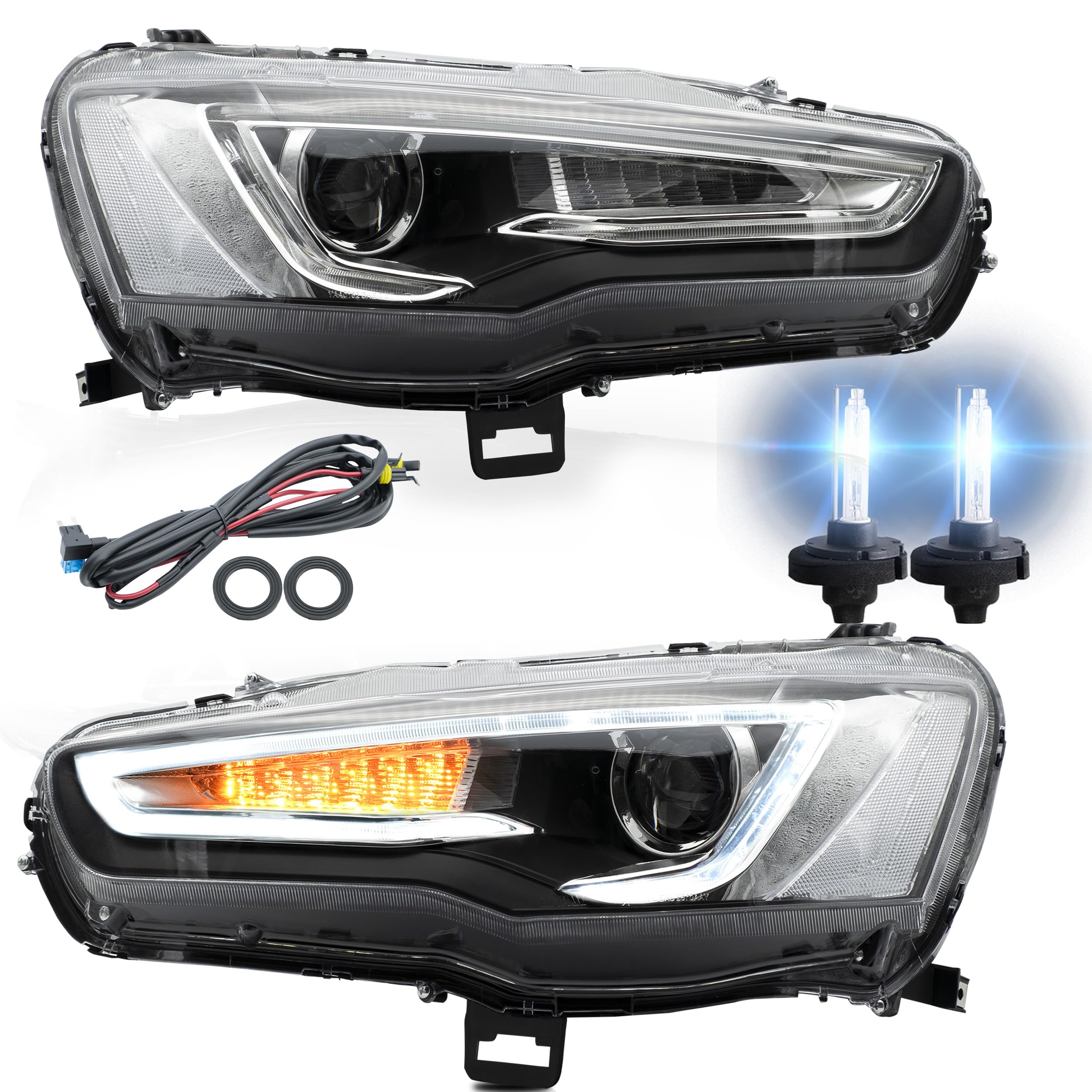 VLANDHeadlight Assembly with D2H Bulbs Fit for Mitsubishi Lancer 2008 2009 2010 2011 2012 2013 2014 2015 2016 2017 2018 2019 2020, LED Headlamp Assembly with DRL Sequential Turn Signal, Plug-and-play