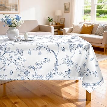 Chinoiserie Bird Branch Tablecloth Waterproof, Vintage French Country Table Cloth Rectangle Stain Resistant, Washable Table Cover for Home Kitchen Dining Party Decoration 152x213cm