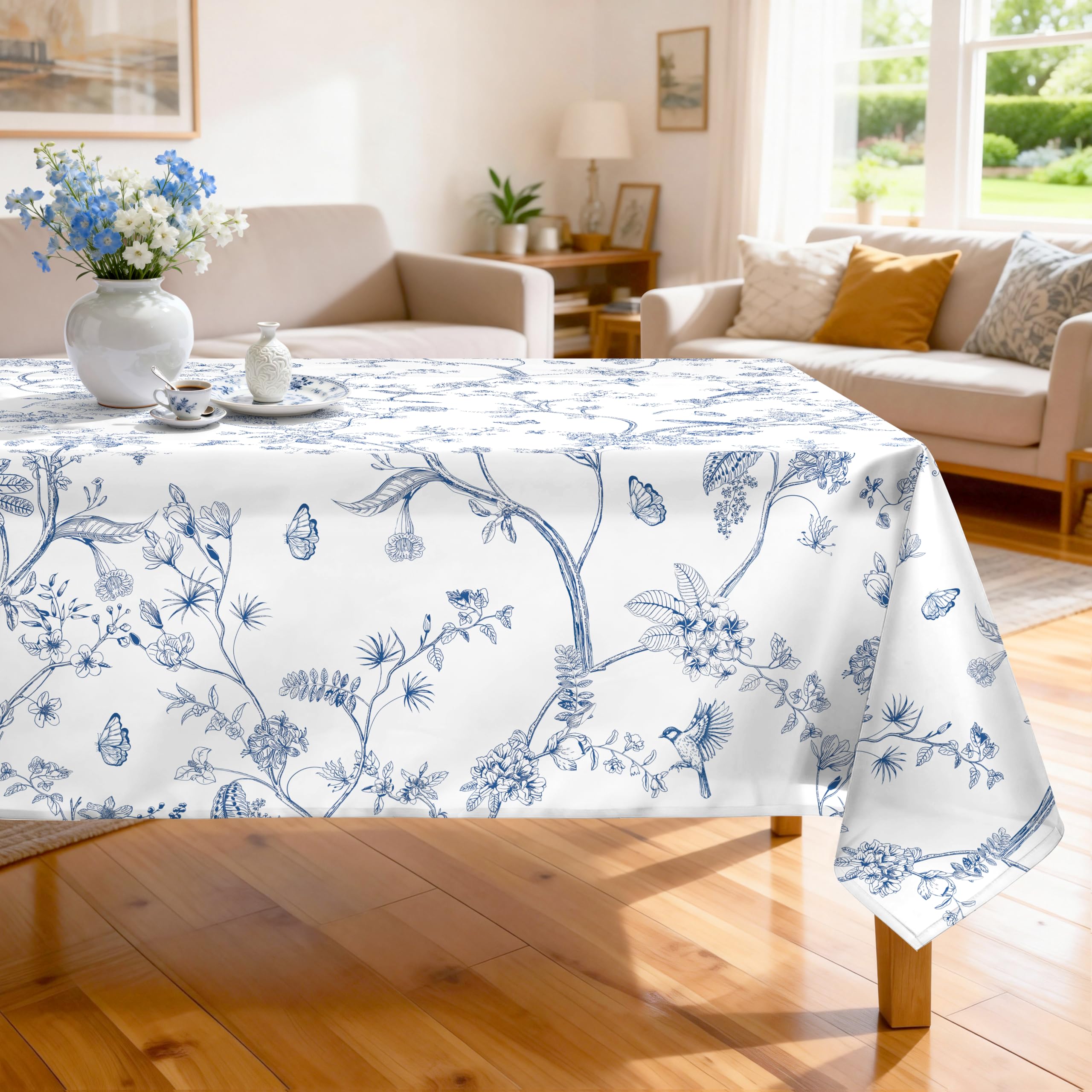 Nappe fleur anti-taches et lavable 140x180cm avec motifs oiseaux pour repas de fête