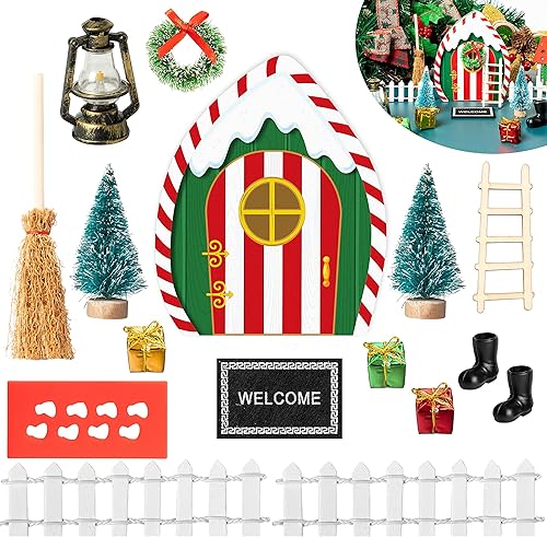Miniatura 6 de Haooryx Kit de decoración de puertas de hadas mágicas de Navidad, accesorios de puertas de hadas en miniatura de madera, puerta mágica de elfo de