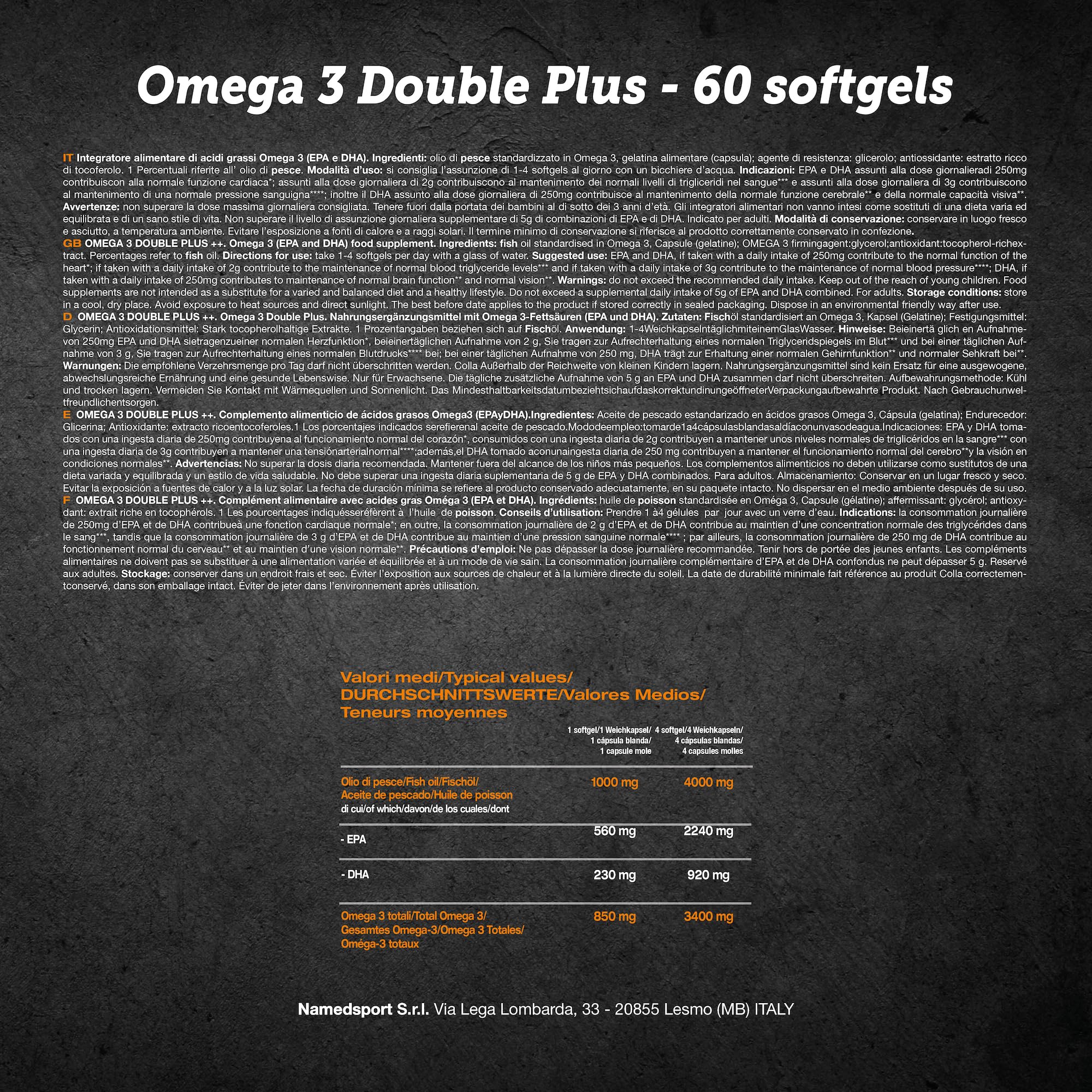 NAMEDSPORT Omega 3 Double Plus | Integratori Omega 3 Alta Concentrazione EPA + DHA da Olio di Pesce Purificato | Certificato | Supporto per Cuore, Cervello, Vista | 90 Softgel 2 Confezioni (30+60)