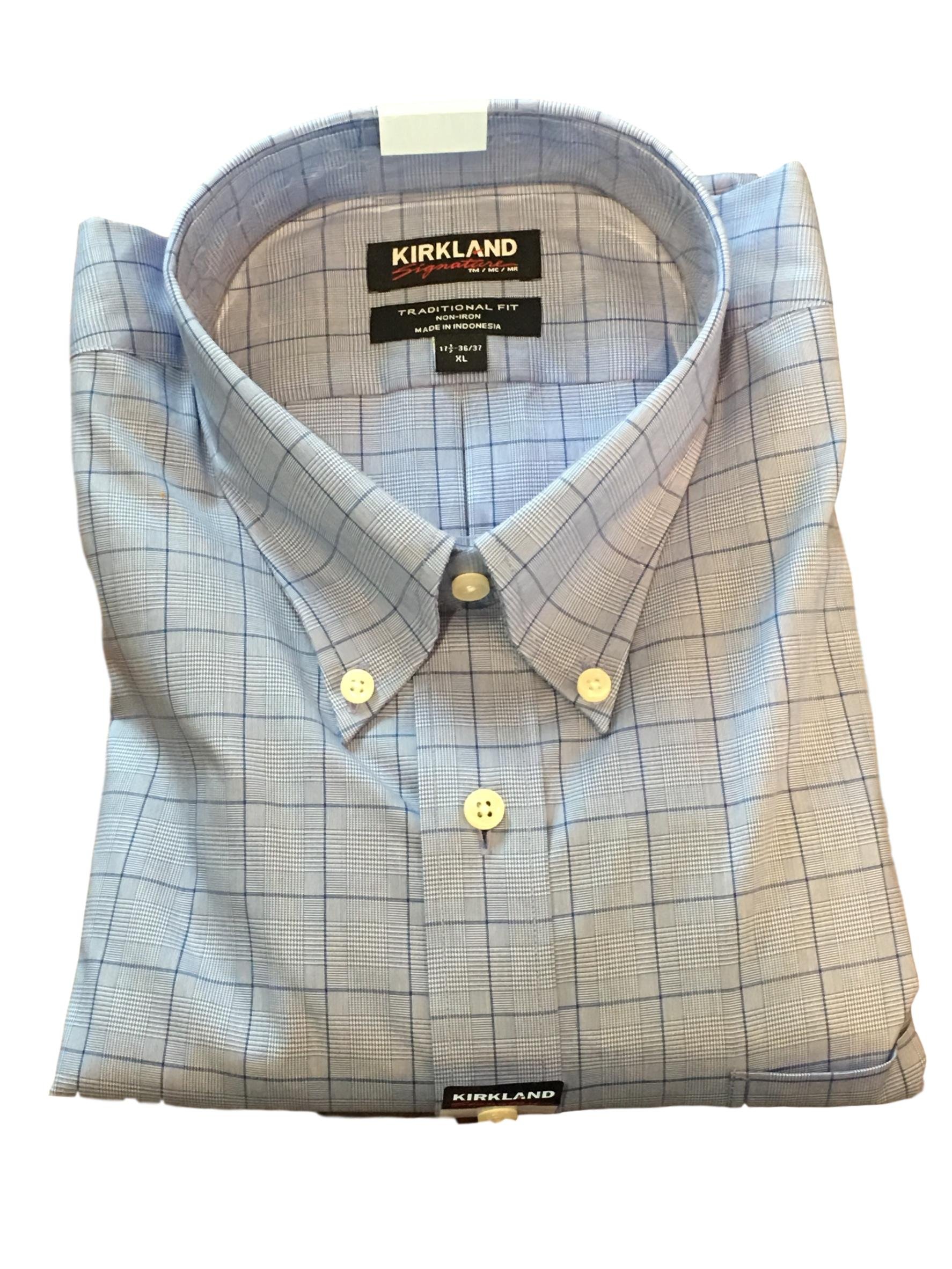 Kirkland Signature Men's Traditional Fit Button Front Long Sleeve Shirt (Light Blue Thin Plaid, L 16.5-32-33)