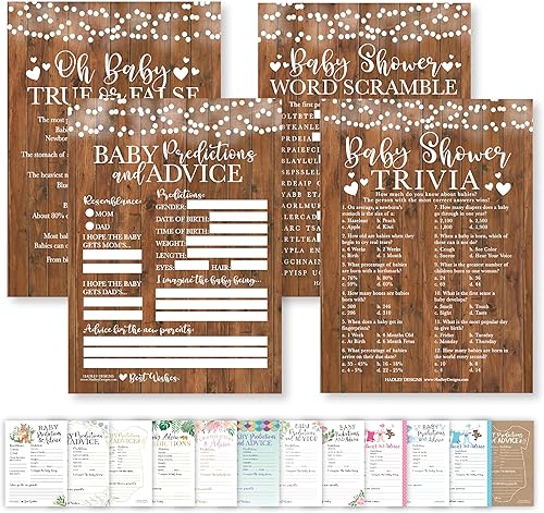 50 juegos rústicos para baby shower, género neutro, 4 juegos de doble cara, tarjetas de predicción y consejos para bebés, preguntas para bebés,