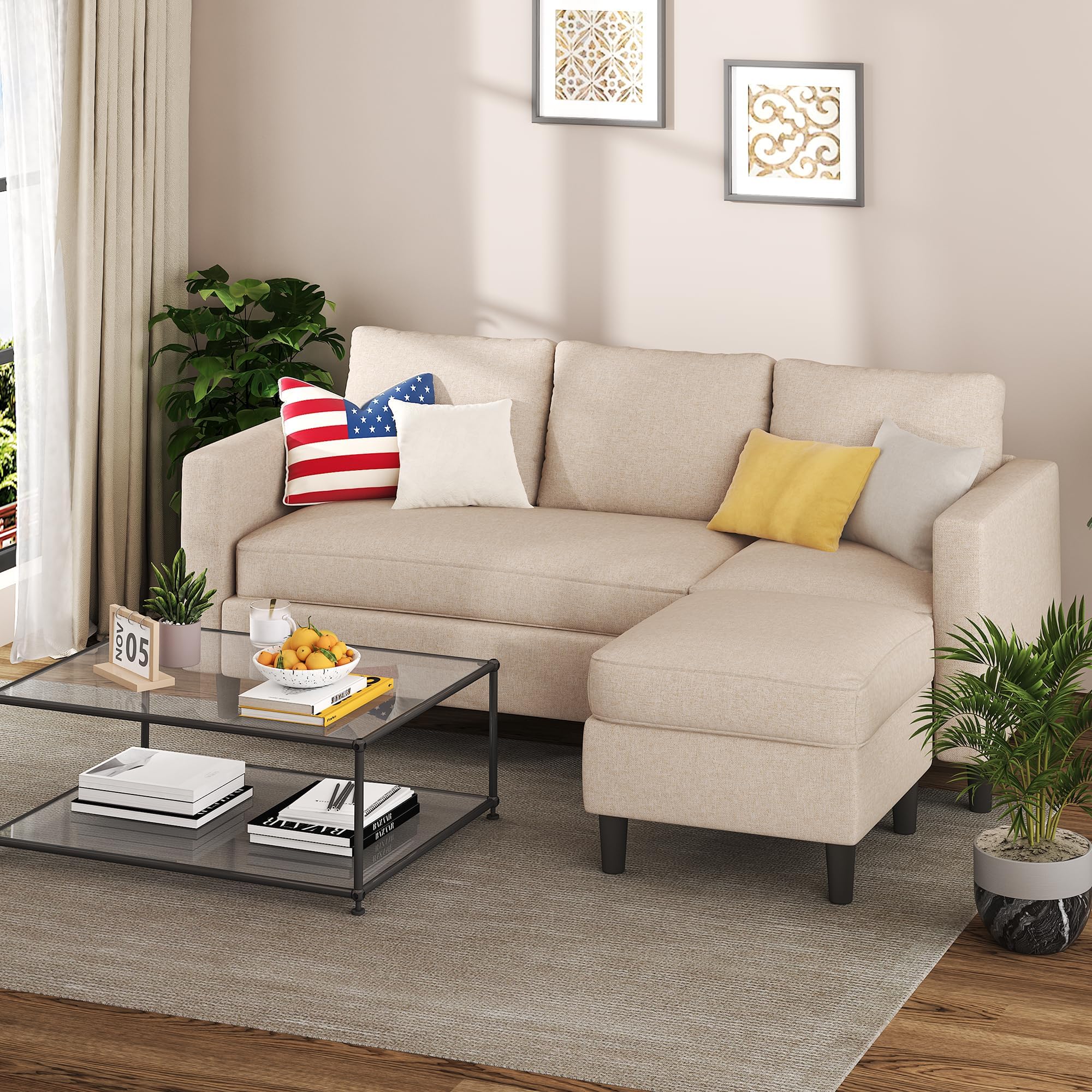 Shintenchi Small Sectional Couch Sofas, 3 Seat L Shape Sofa with Ottoman, Fabric Upholstered Convertible Sofa Couches, Small Couch for Apartments, Living Room and Office (Beige)