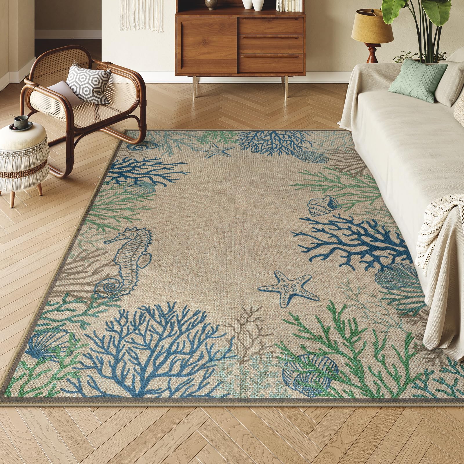 LIVEBOX Modern Easy Jute 5x7 Outdoor Rug, Washable Area Rugs for Living Room Patio Coastal Animal Indoor Outdoor Rug, Boho Farmhouse Non Slip Carpet