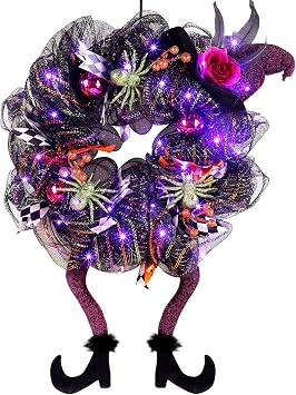Lulu Home Halloween Front Door Wreath, Purple LED Lighted Witch Hat Wreath, Battery Operated, NOT PRELIT