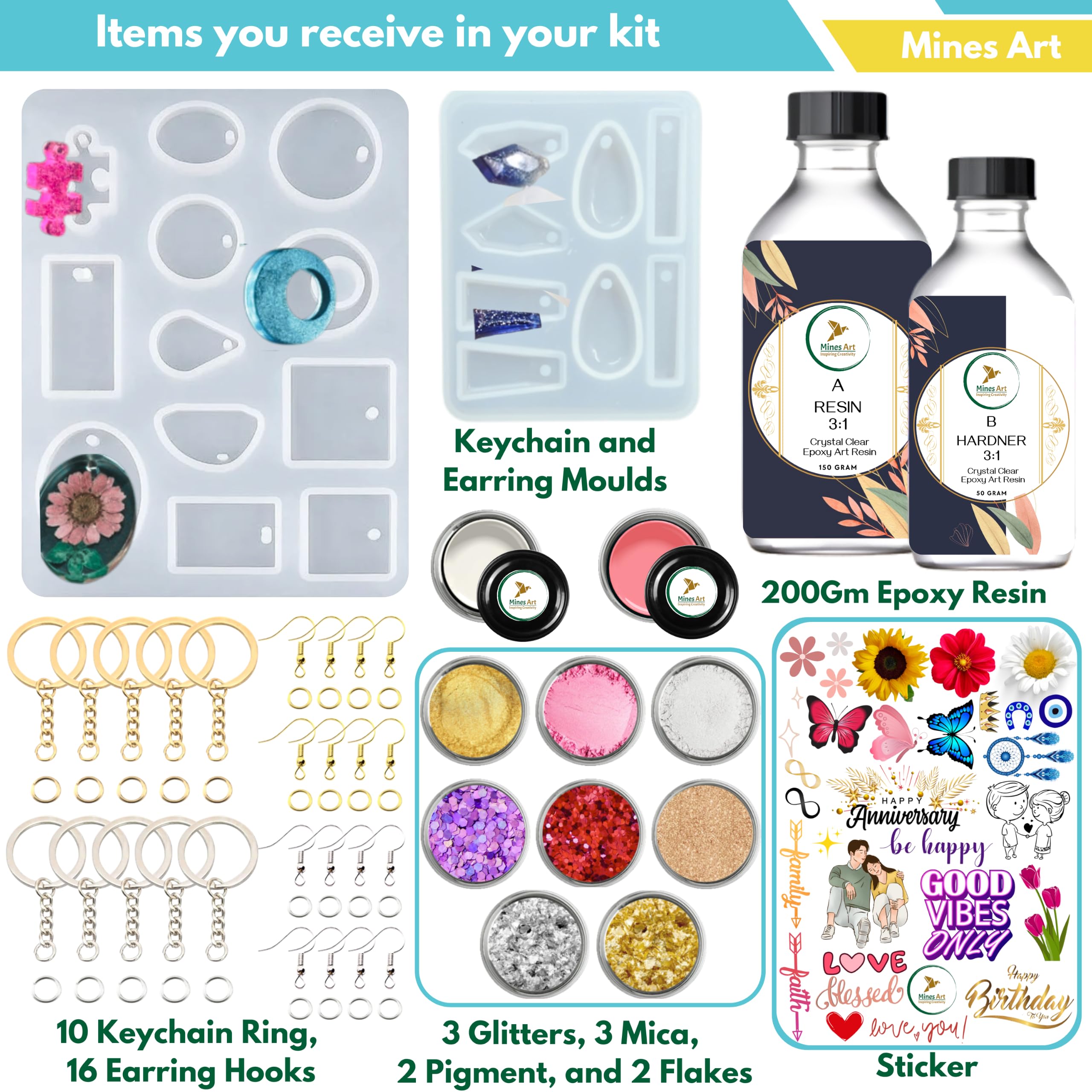 Mines Art Resin Art Kit with Moulds – Complete Resin Jewellery Making Kit for Keychains & Earrings – 200g 3:1 Epoxy Resin, 3 Glitter Colors, 3 Mica, 2 Pigments, Gold & Silver Flakes & More - (MRA - 123)