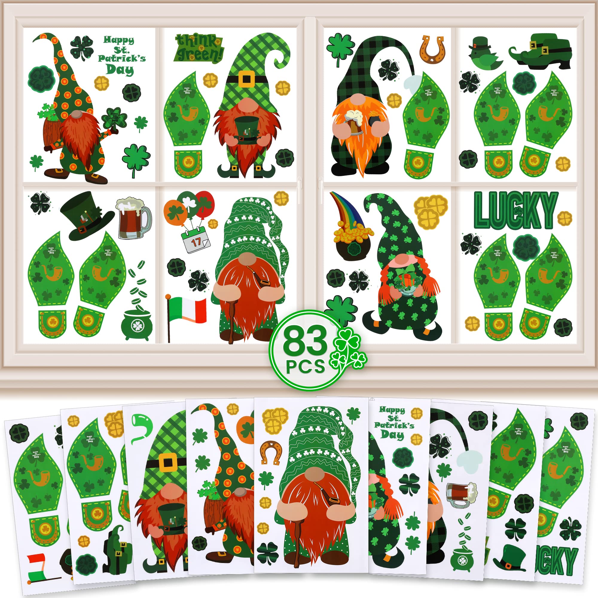 St Patricks Day Window Clings - 83 Pieces, 9 Sheets | St. Patricks Day Window Decals for St Patrick's Day Window Decorations | Shamrock Saint Patricks Day Window Clings for St Patrick Day Decorations