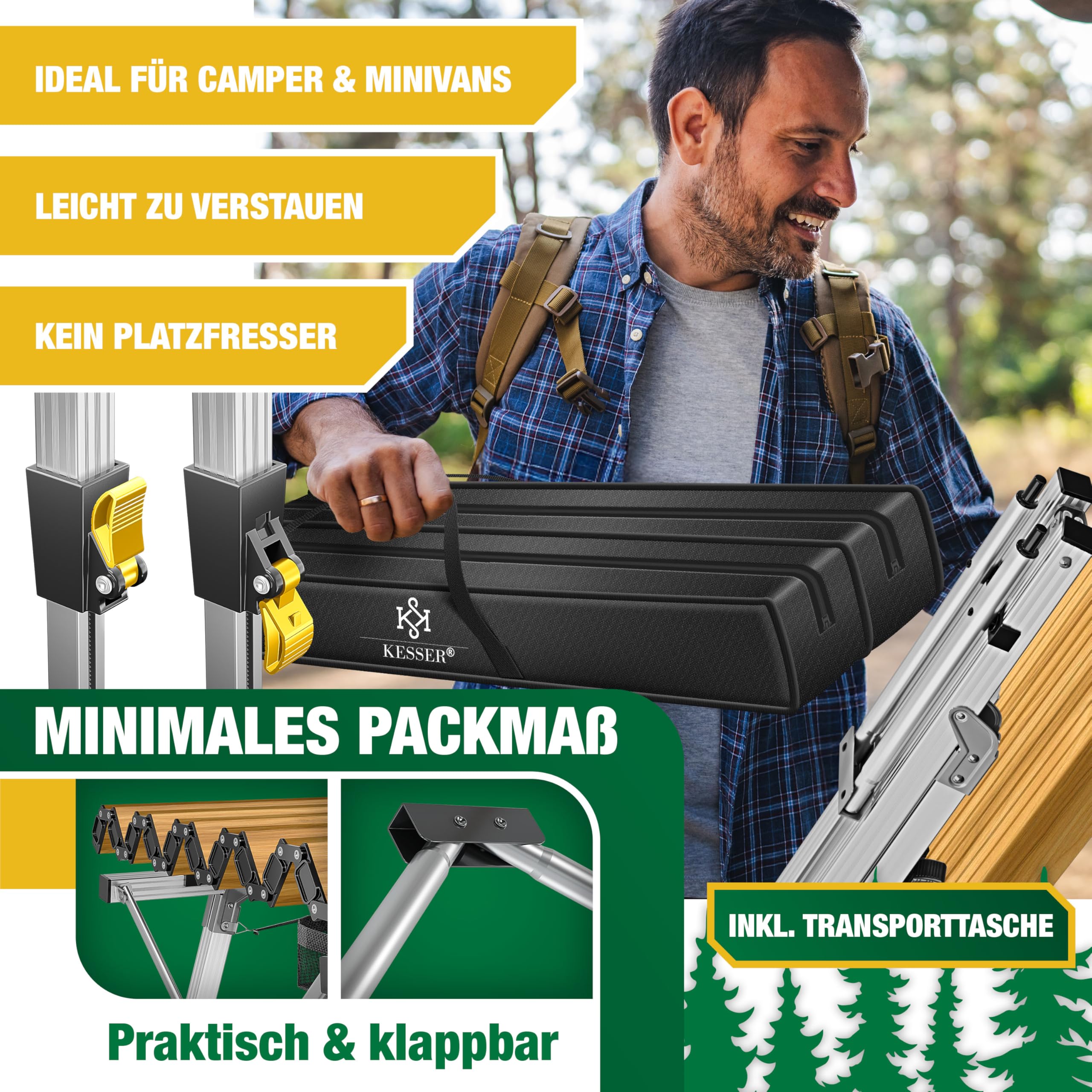 KESSER® Campingtisch faltbar Klapptisch mit Aluminiumrahmen Aufrollbare Tischplatte Falttisch klappbar Höhenverstellung 120x70cm - bis 100kg inkl. Tragetasche mit Trageband & Netztasche, Holz-Optik