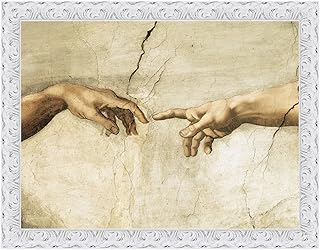 LuxHomeDecor Quadro Stampa su Tela Michelangelo Buonarroti La creazione di Adamo (Detail) con Cornice in Legno Bianco Anticato Misura 133x103 CM