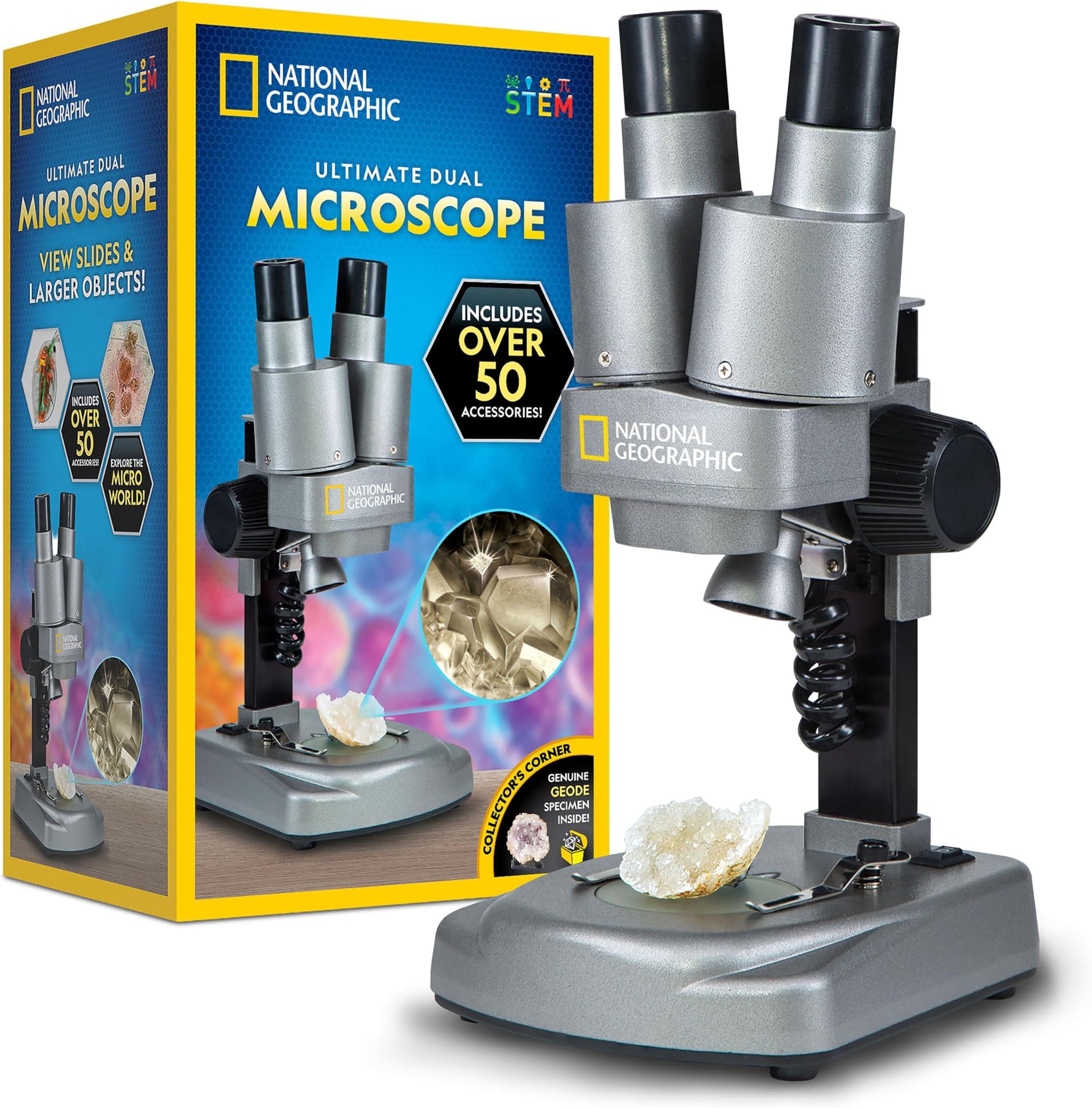 National Geographic Dual LED Student Microscope - 50+ pc Science Kit Includes Set of 10 Prepared Biological & 10 Blank Slides, Lab Shrimp Experiment, 10x-25x Optical Glass Lenses and More! (Silver)