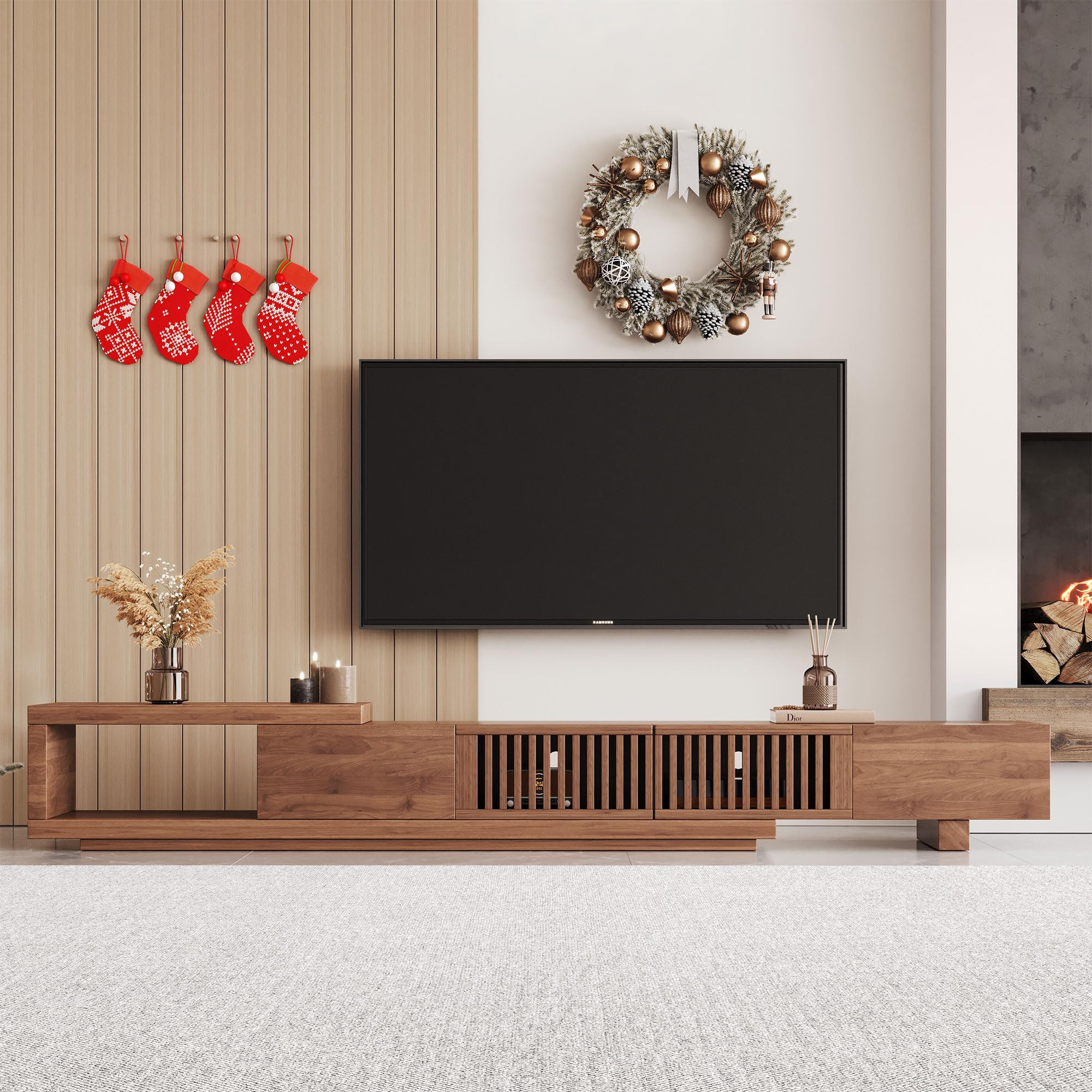 NessCarsti Mid Century Modern TV Stand for 75+ Inch TVs, Extendable Media Console (78"-103") with Ample Storage - Sleek Walnut Entertainment Center