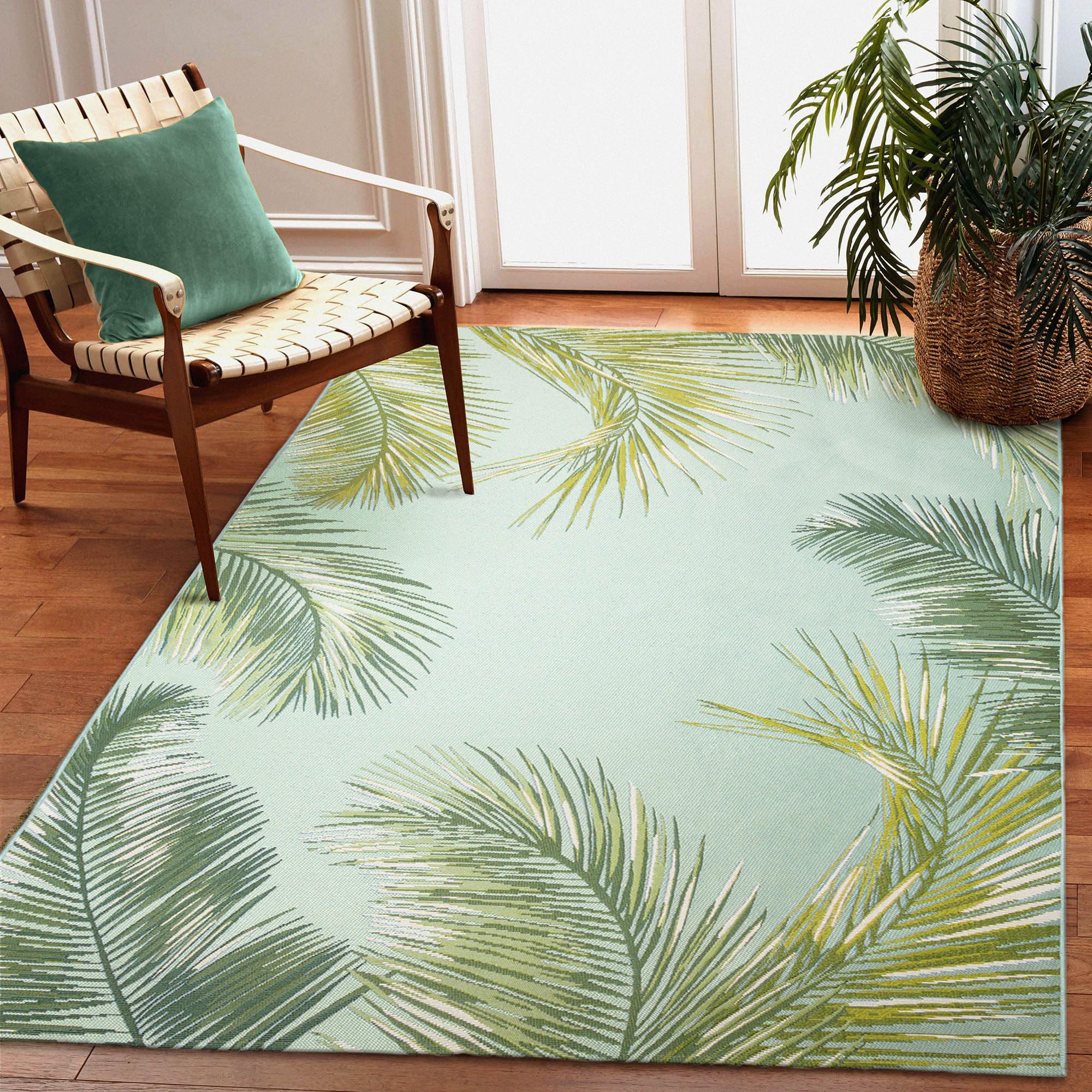 Liora Manne Marina Indoor/Outdoor Power Loomed Synthetic Blend Low Profile Area Rug - Transitional Border Botanical Beach Colorful (Palm Border Aqua) (4'10" x 7'6")
