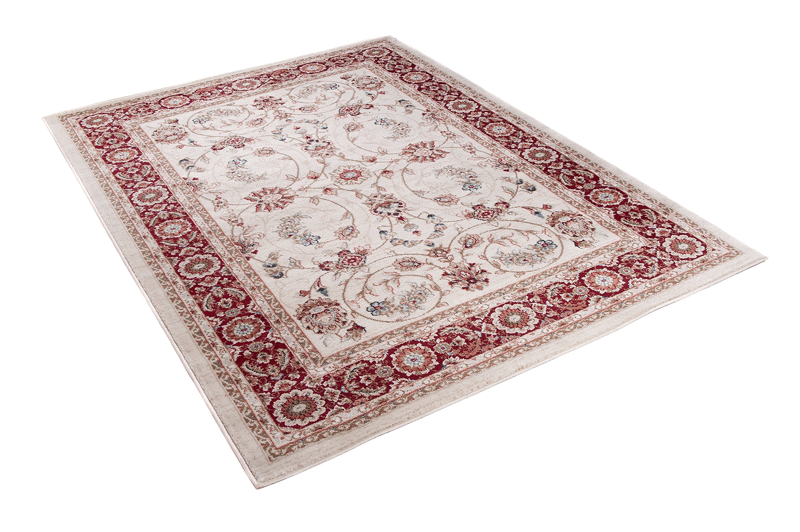 Carpeto Teppich Flur 160x220cm Creme Rot Klassisch Traditionell Weich | Teppich für Eingangsbereich Küche Büro Wohnzimmer Schlafzimmer Beige Pflegeleicht Fußbodenheizungsgeeignet Mittelflor Elegant